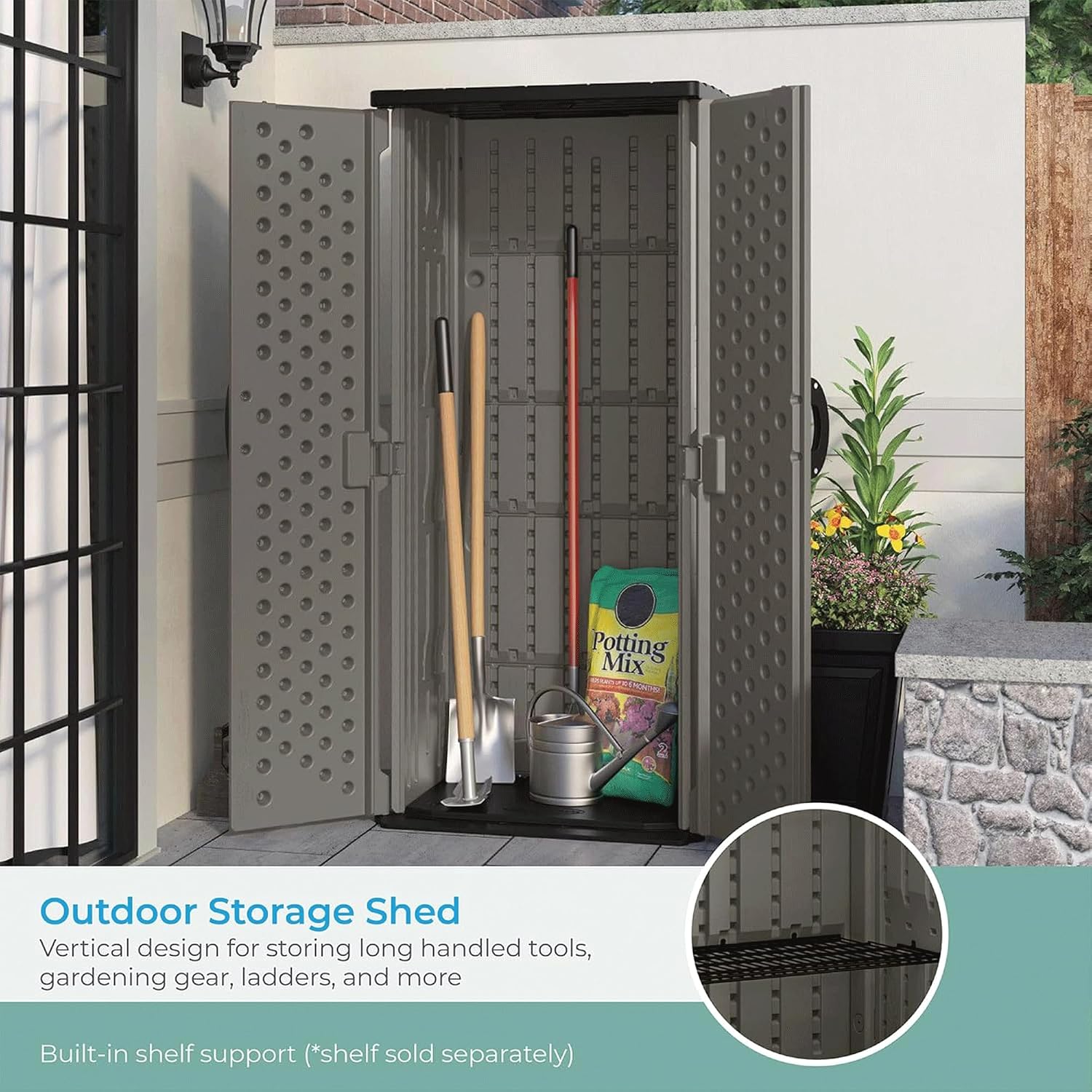 Suncast 22 Cu Ft, Vertical Storage Shed, Pad-Lockable Double Doors, Stoney