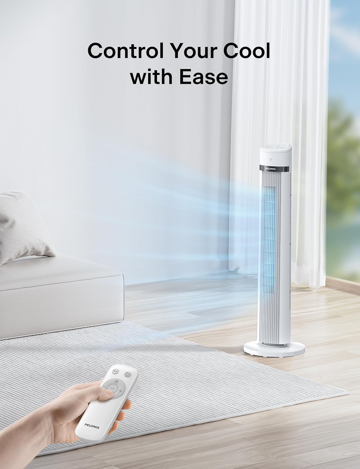 PELONIS 40-inch Bladeless Tower Fan for Bedroom, Standing Fan with Remote Control, 26ft/s, 90° Oscillation, 3 Speed Settings, 27 dB, 3 Modes