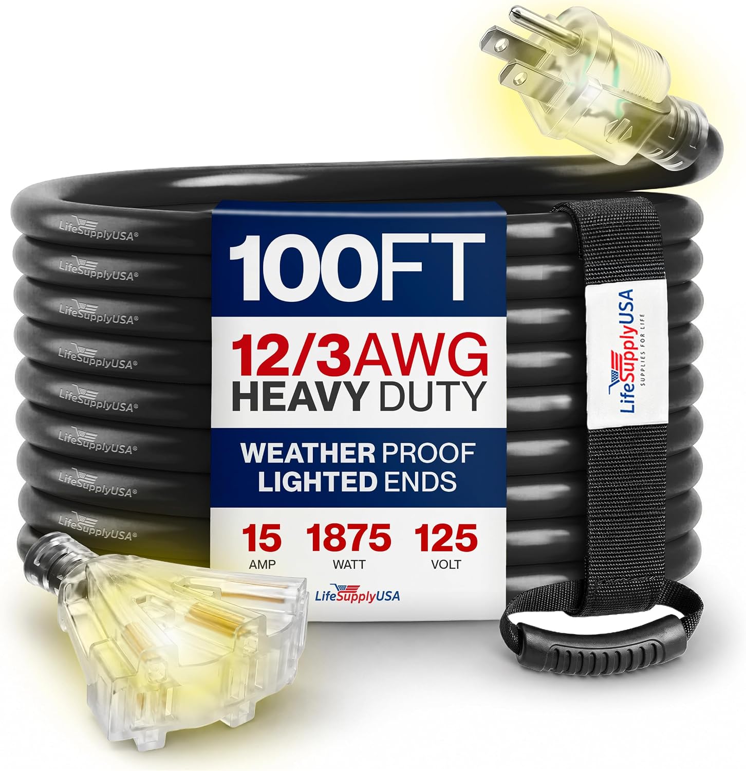 25ft Outdoor/Indoor Extension Cord 3-Outlet 12/3 Gauge Extra Heavy Duty 3 Prong SJTW, Waterproof, Flexible Cold-Resistant Long Power Cord,15A 125V 1875W, Yellow by LifeSupplyUSA