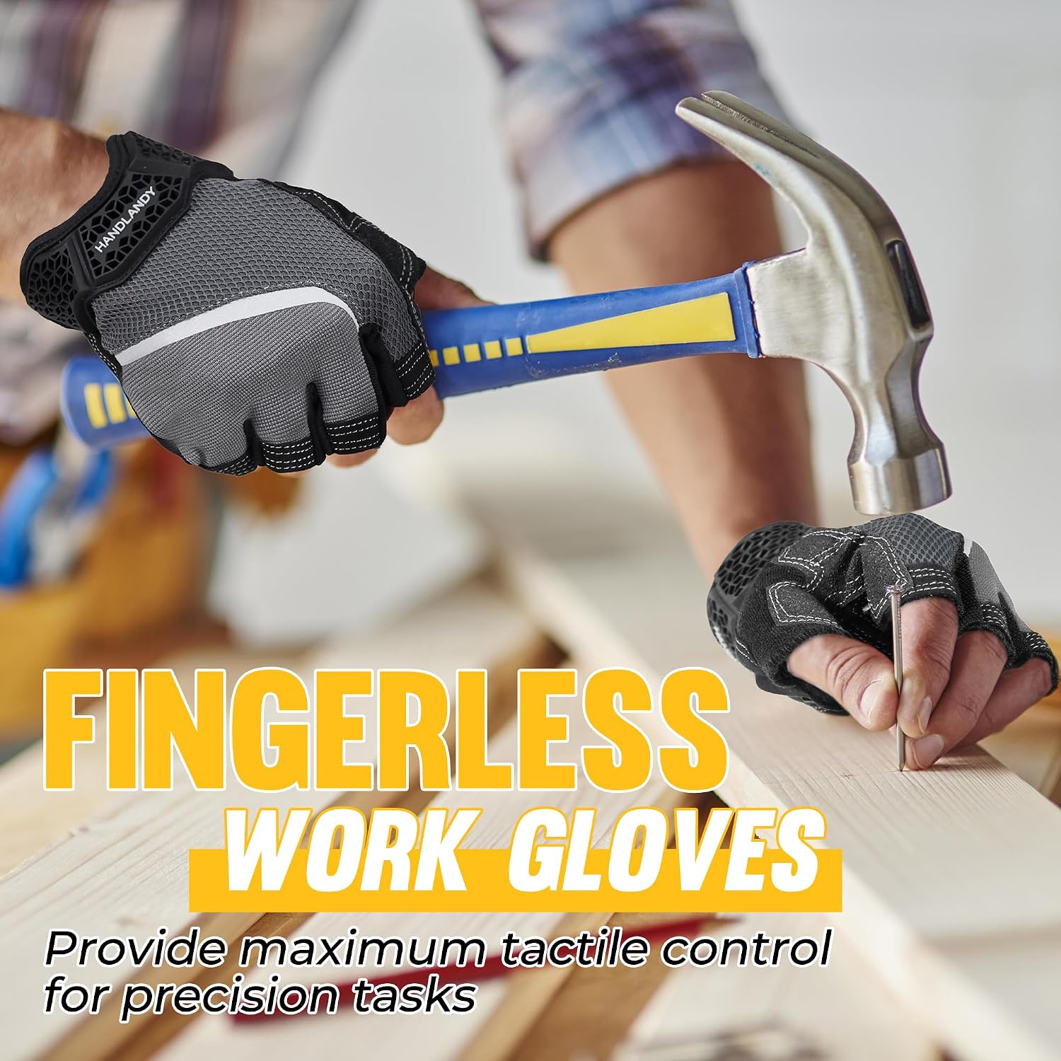 HANDLANDY Framer Work Gloves Open-Finger Carpenters Gloves, Fingerless Gaming Gloves for Tactical Shooting, Airsoft, Hunting, Police Work and Hiking L
