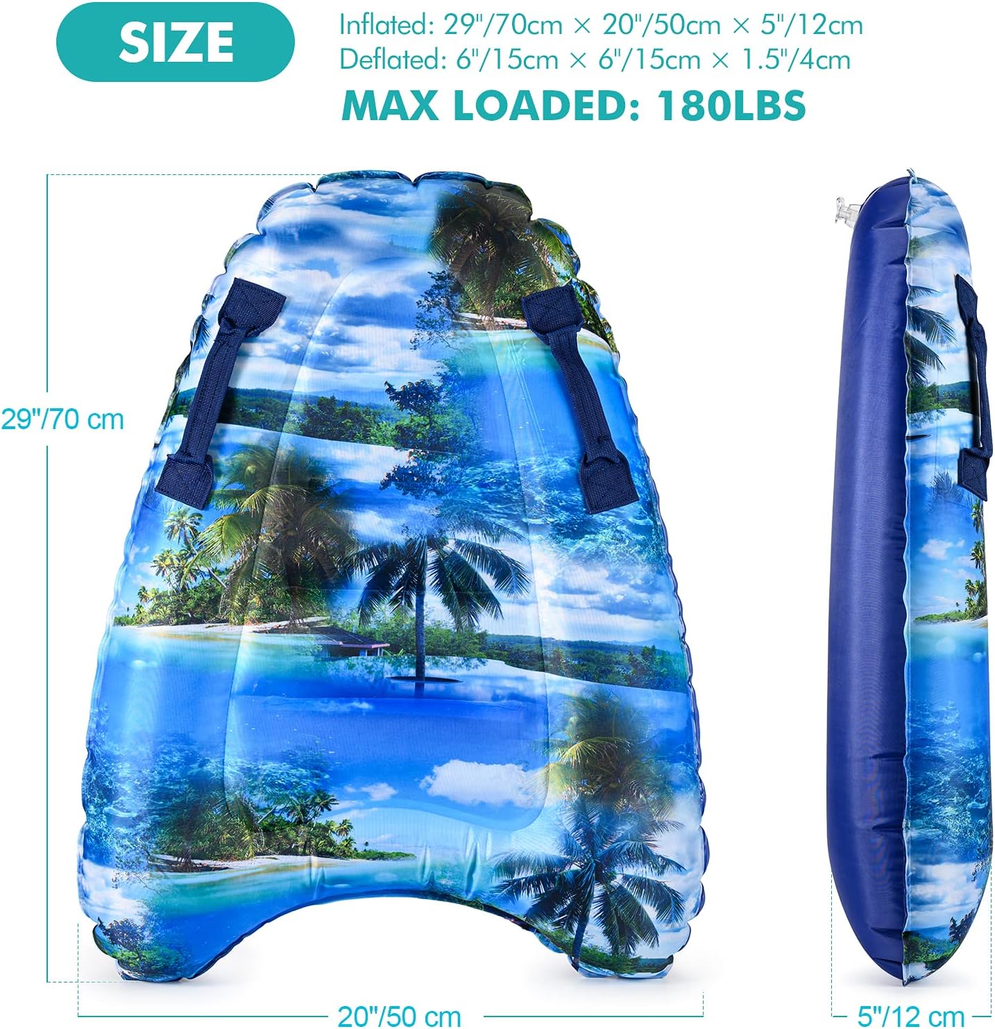 Inflatable Boogy Boards for Beach Travel Toys, 30” Cavas Slip Slide Water Park Body Surfing Board with Handles