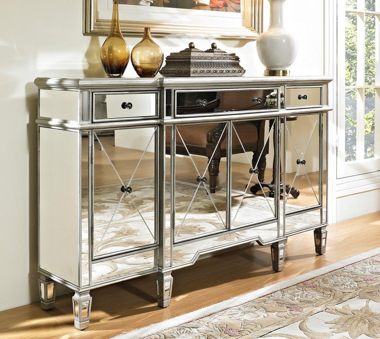 60" Silver Wood Frame Mirrored Panels Andrea Storage Sideboard Buffet Cabinet for Living Room