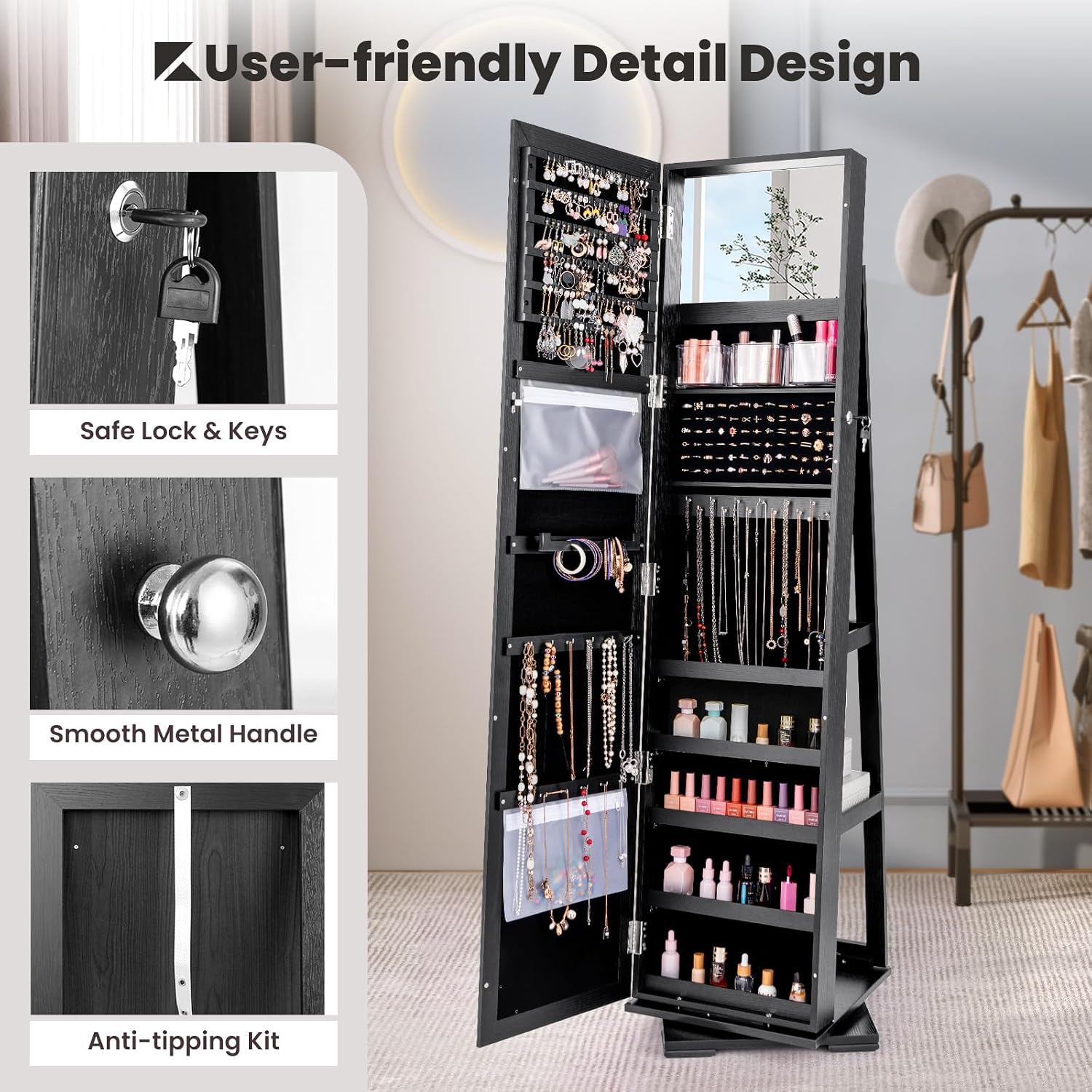 CHARMAID 360° Swivel Jewelry Armoire with Higher Full Length Mirror, Standing Lockable Jewelry Cabinet Organizer with Large Storage Capacity