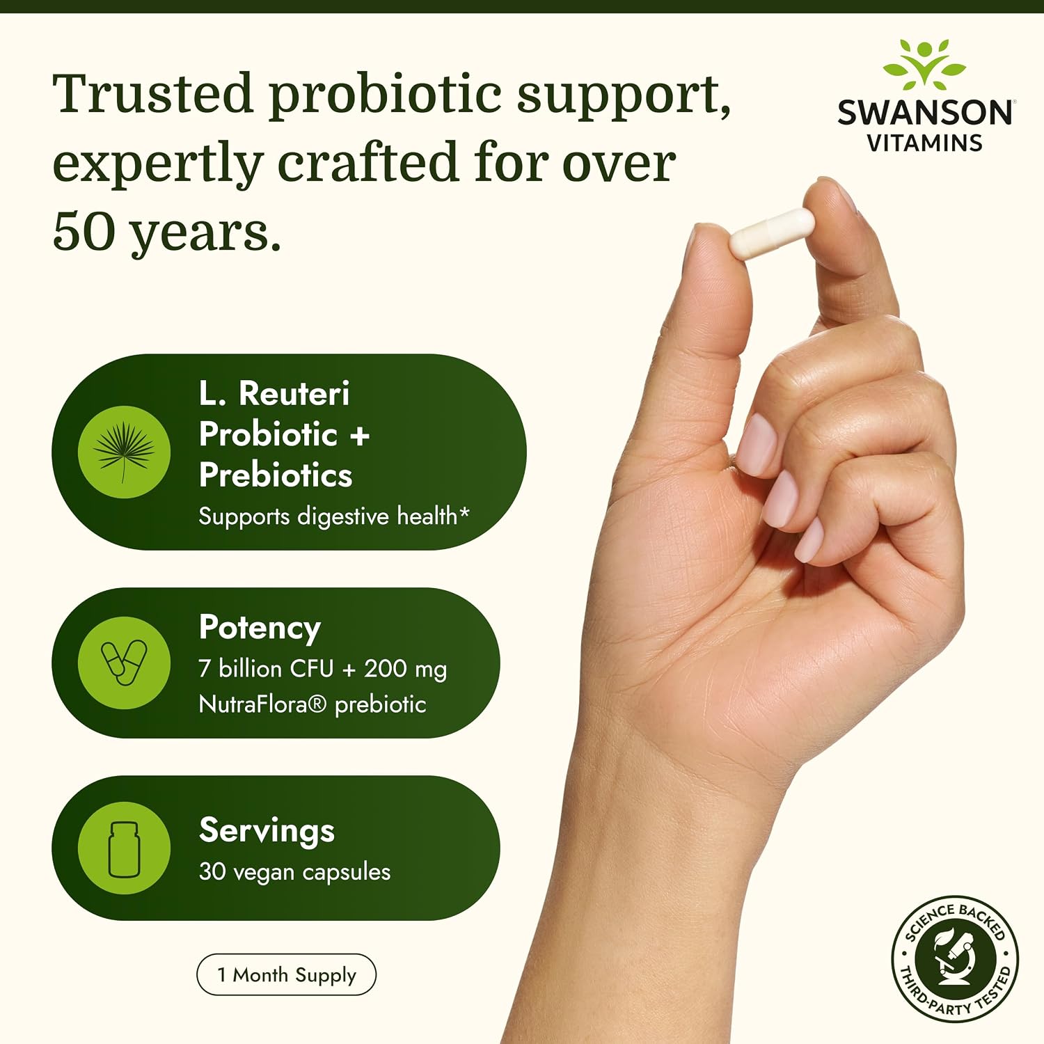 Swanson L. Reuteri Probiotic Plus, 7 Billion CFU, 30 Vegan Capsules | With Lactobacillus Rhamnosus, Acidophilus, and FOS Prebiotic for Gut-Health-Conscious Adults, Full-Spectrum Support