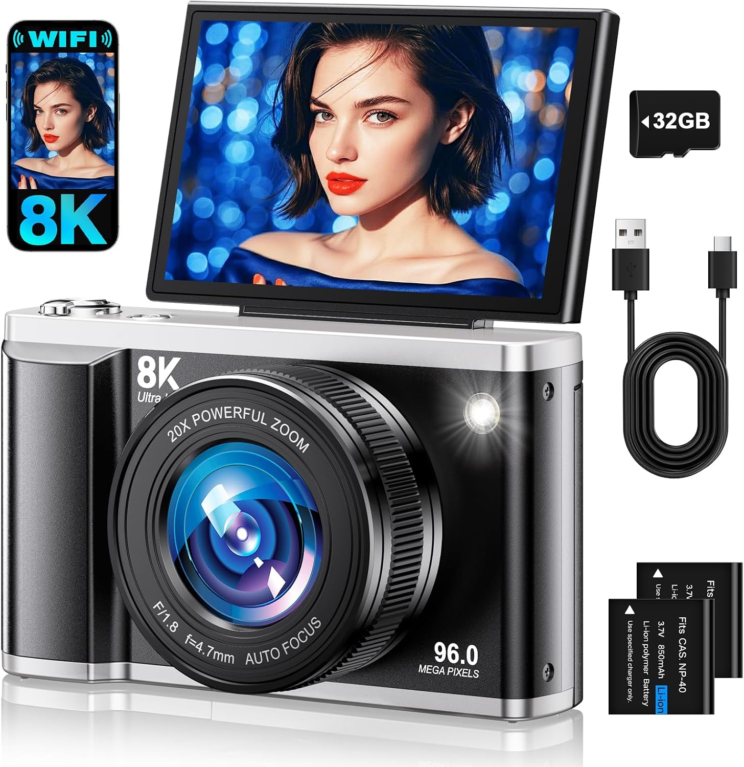 8K Digital Camera for Photography with WiFi 96MP Autofocus Vlogging Camera for YouTube Video 3.5'' 180°Flip Screen 20X Zoom Anti-Shake Compact