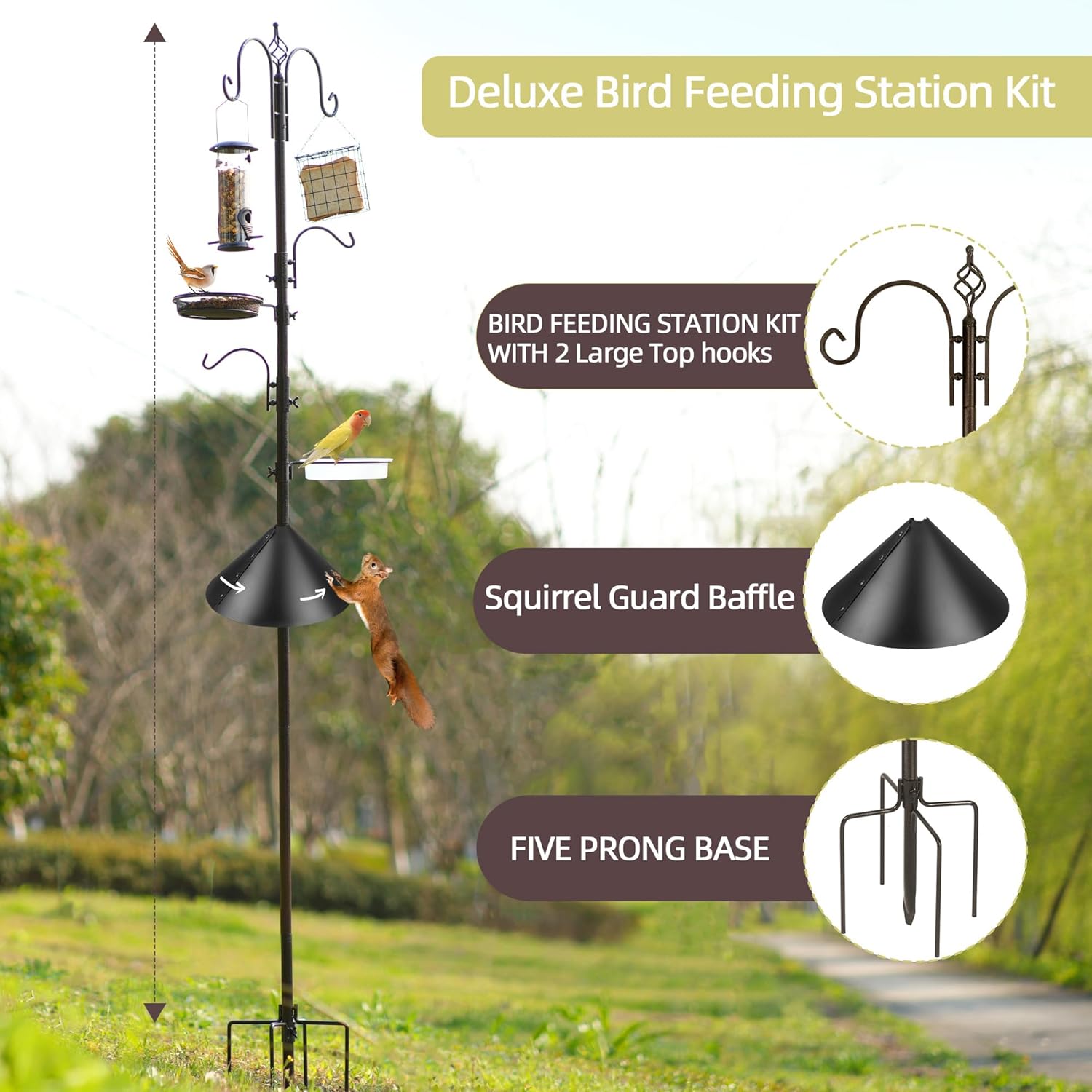 Deluxe Bird Feeding Station Kit with Multi Feeder Hanging Pole, Metal Suet Feeder, Bird Bath