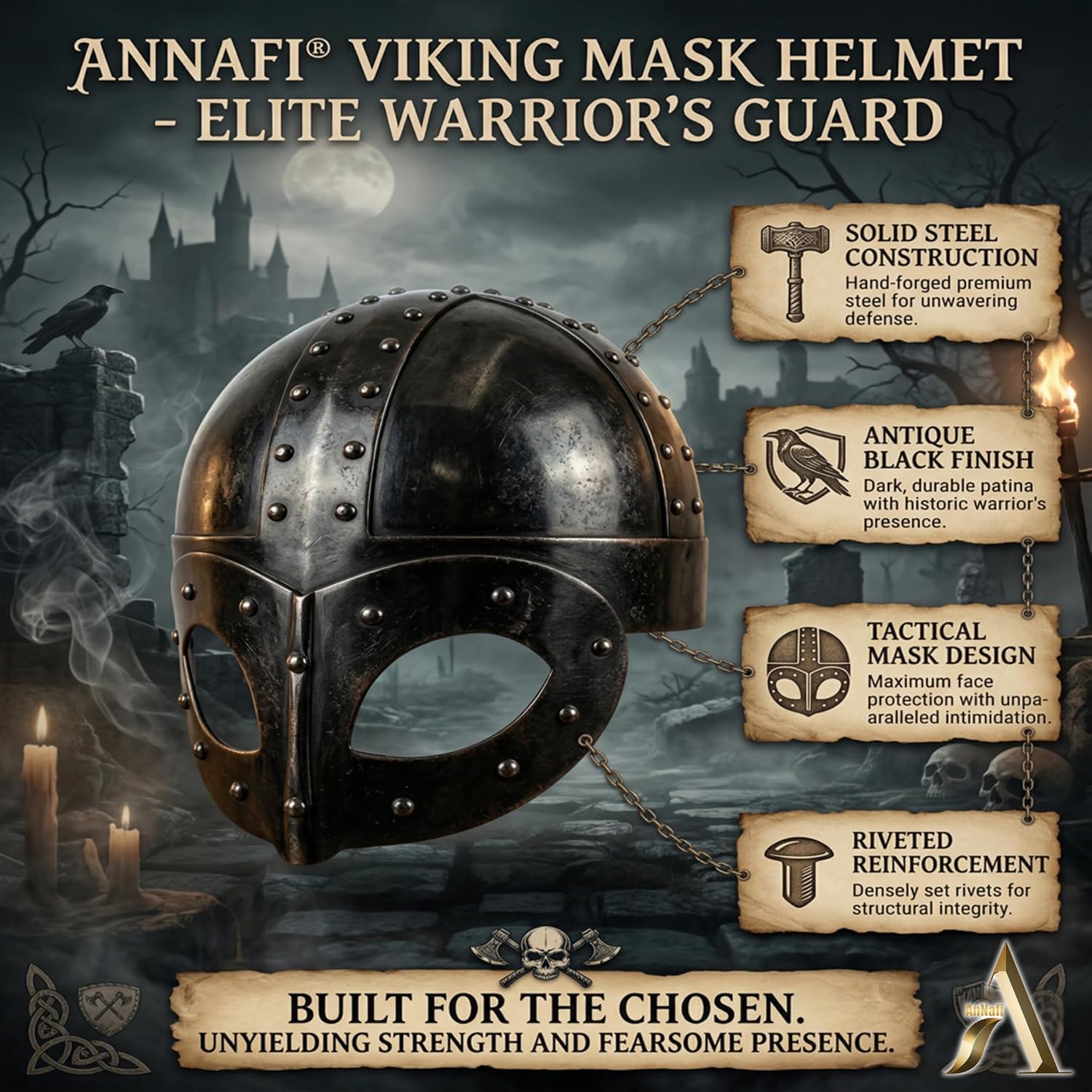 AnNafi® Black Plated Antique Medieval Viking Mask Helmet, Premium Quality Soldier Helm Adult with Liner & Strap