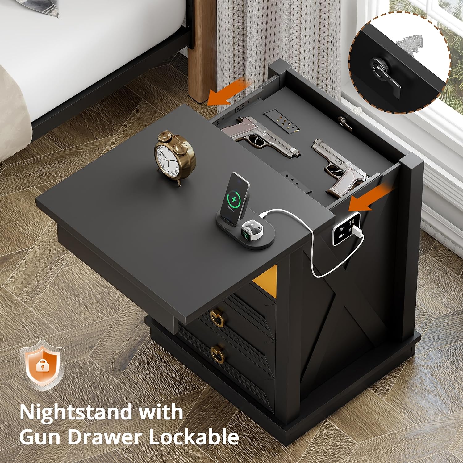 Farmhouse Nightstand with Lockable Hidden Drawer, Human Sensor LED Bedside Table with LED Lights & Charging Station, Rustic Wood Sofa Side End Table with 3 Drawers for Bedroom (Black)