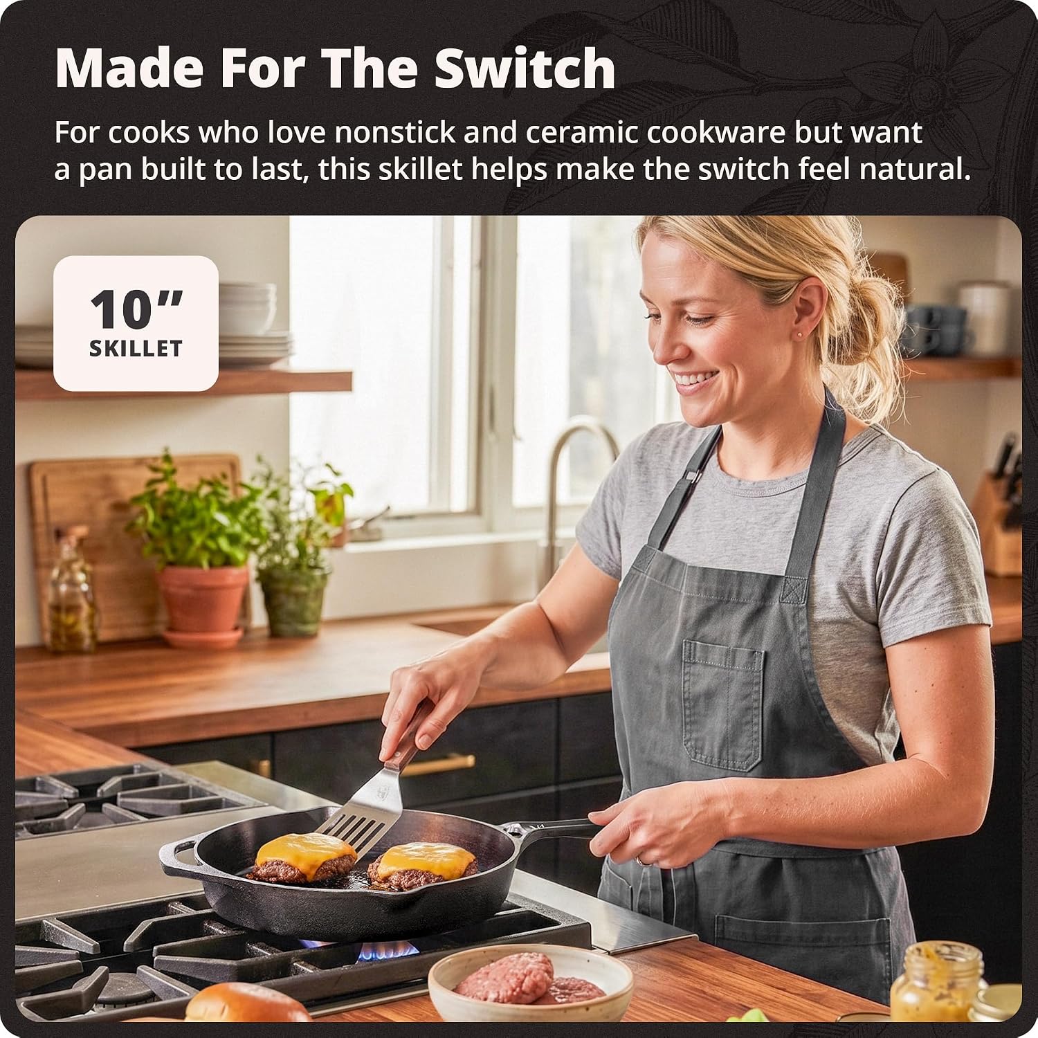 Greater Goods 10" Cast Iron Skillet, Smooth Surface, Nonstick-Like Release | Polished & Precision-Milled, 100% Organic Flaxseed Oil, No Synthetic Coating, Oven, Grill, Induction Ready, Pre-Seasoned