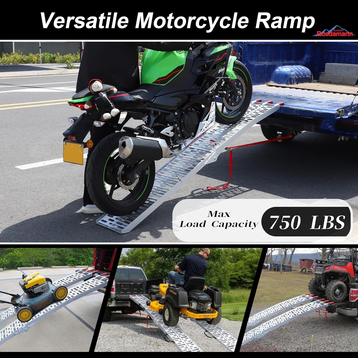 Ruedamann 7.5FT Aluminum Motorcycle Ramp, 750 lbs Capacity, 1 PC | Folding Truck Ramp for ATV, Motorcycle, Lawn Mower, Bike Ramp for Truck, Anti-Slip Loading Ramp for Dirt Bike
