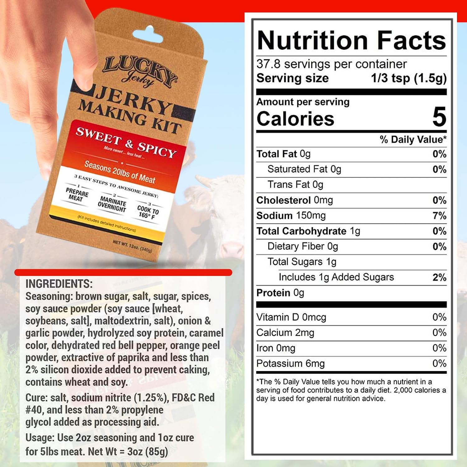 Lucky Jerky Ultimate Savory DIY Beef Jerky Seasoning and Cure Kit, 12 Oz | Make Your Own with Original, BBQ, Teriyaki, and Sweet & Spicy, Seasons 5 lbs per Flavor, 20 lbs Total