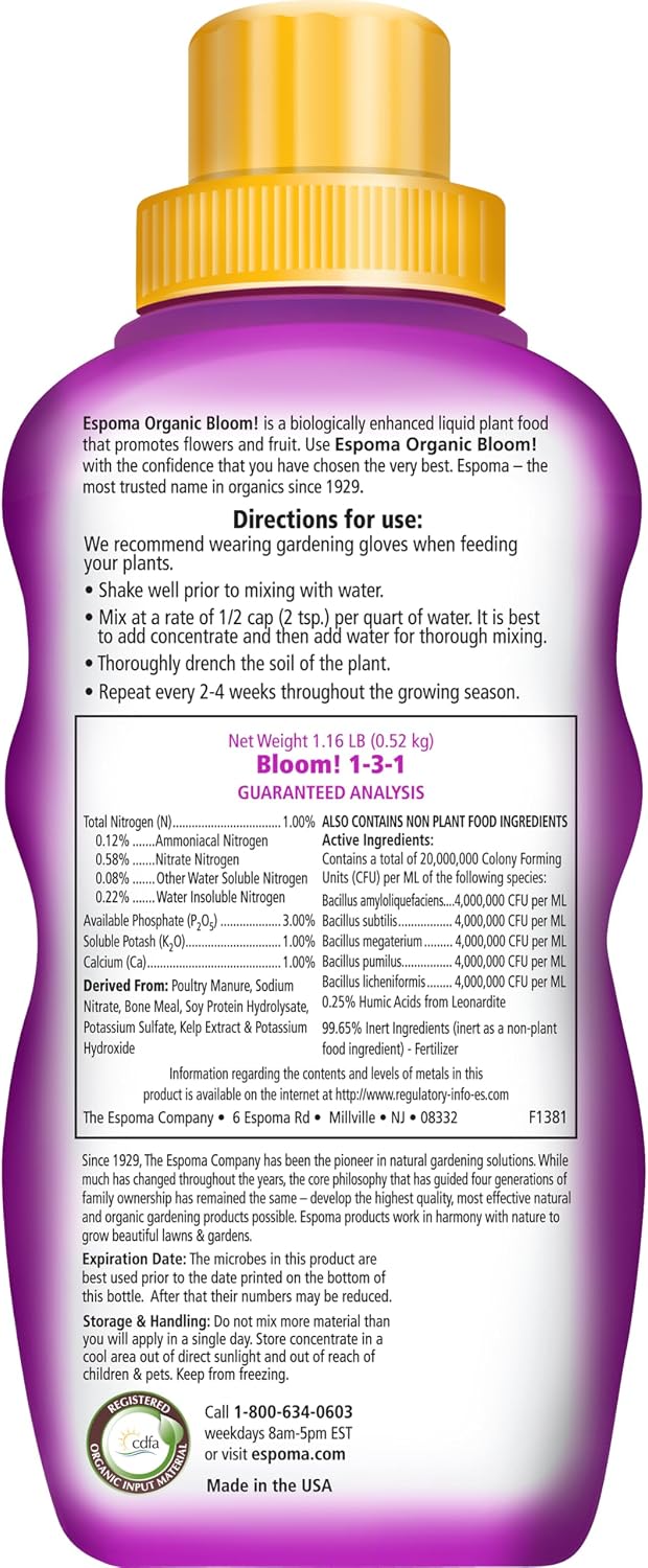 Espoma Organic Bloom! 16-Ounce Concentrated Plant Food – Plant Fertilizer and Bloom Booster for All Flowering Plants. Promotes Vigorous Growth and