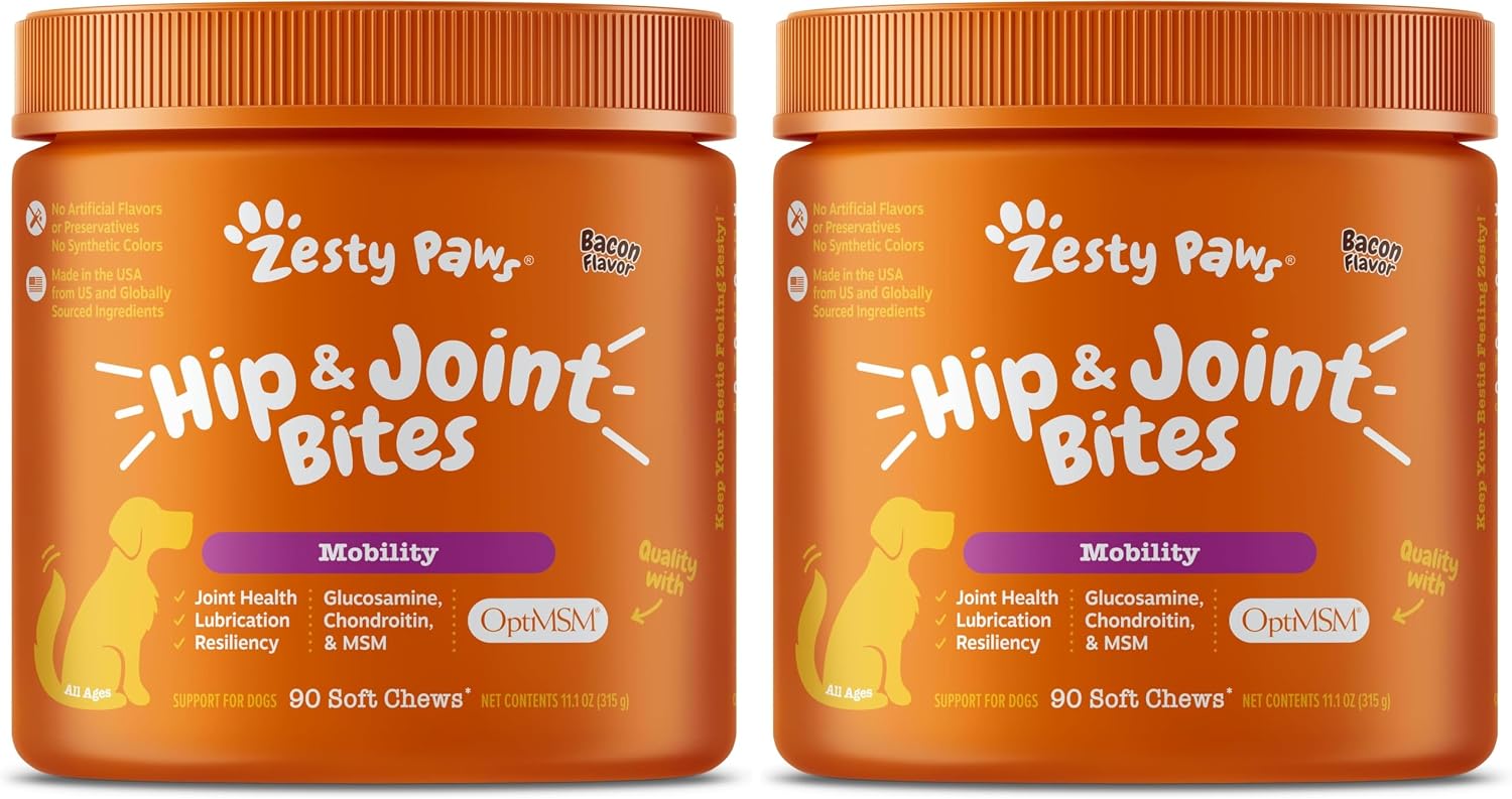 Zesty Paws Hip and Joint Supplement for Dogs - Glucosamine with Chondroitin, MSM, Vitamins C and E Dog Joint Relief - Mobility Bites Duck – 90 Count