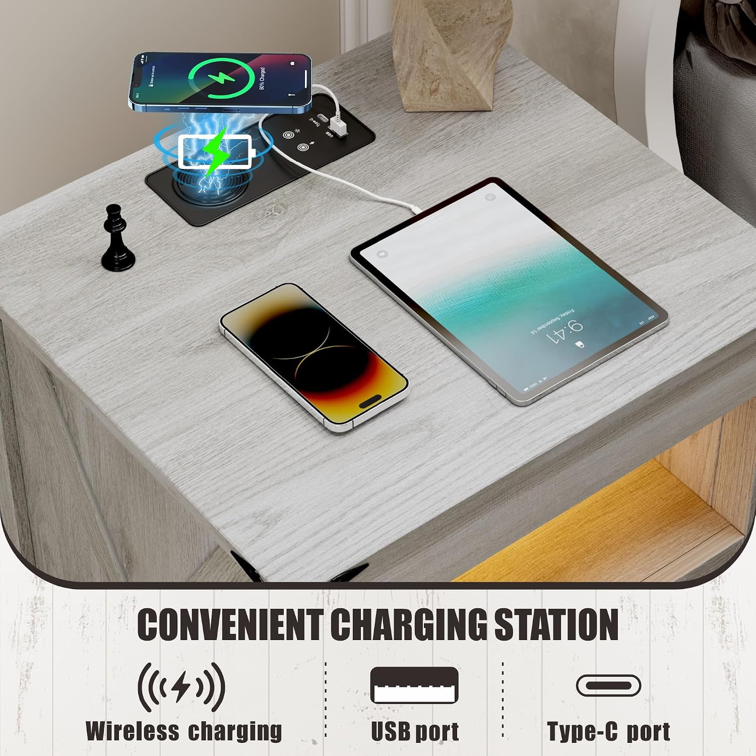 LED Night Stand with Gun Drawer & Charging Station | Human Sensor Lights, Hidden Storage, Farmhouse Rattan Style, 3 Drawers, Bedside Table for Bedroom, End Tables Livingroom