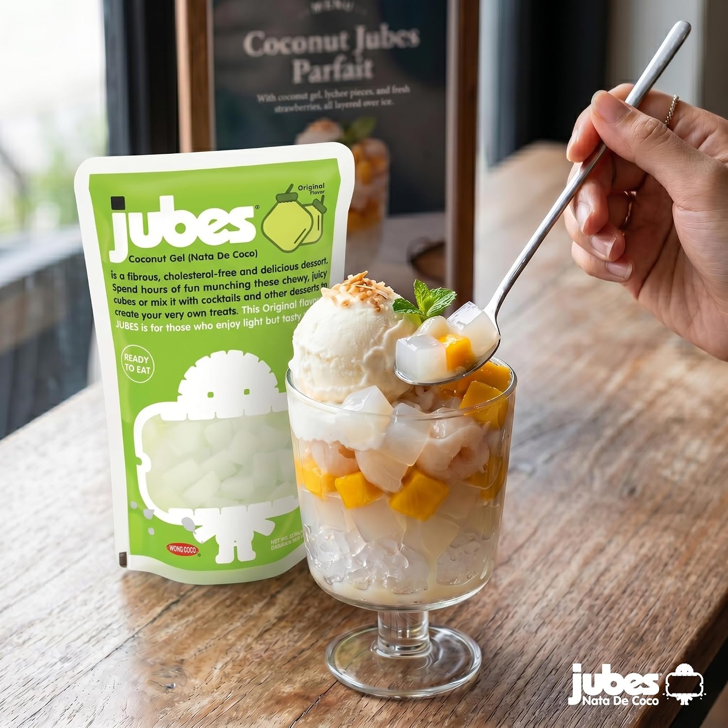 Jubes Pandan Nata De Coco Jelly Cubes (12.7 oz, Pack of 3) - Pandan Coconut Jelly Cubes for Sago - Coconut Gel in Syrup Toppings for Fruit Tea, Boba, Bubble Tea, Drinks, Desserts Yogurt, Ice Cream, Beverage