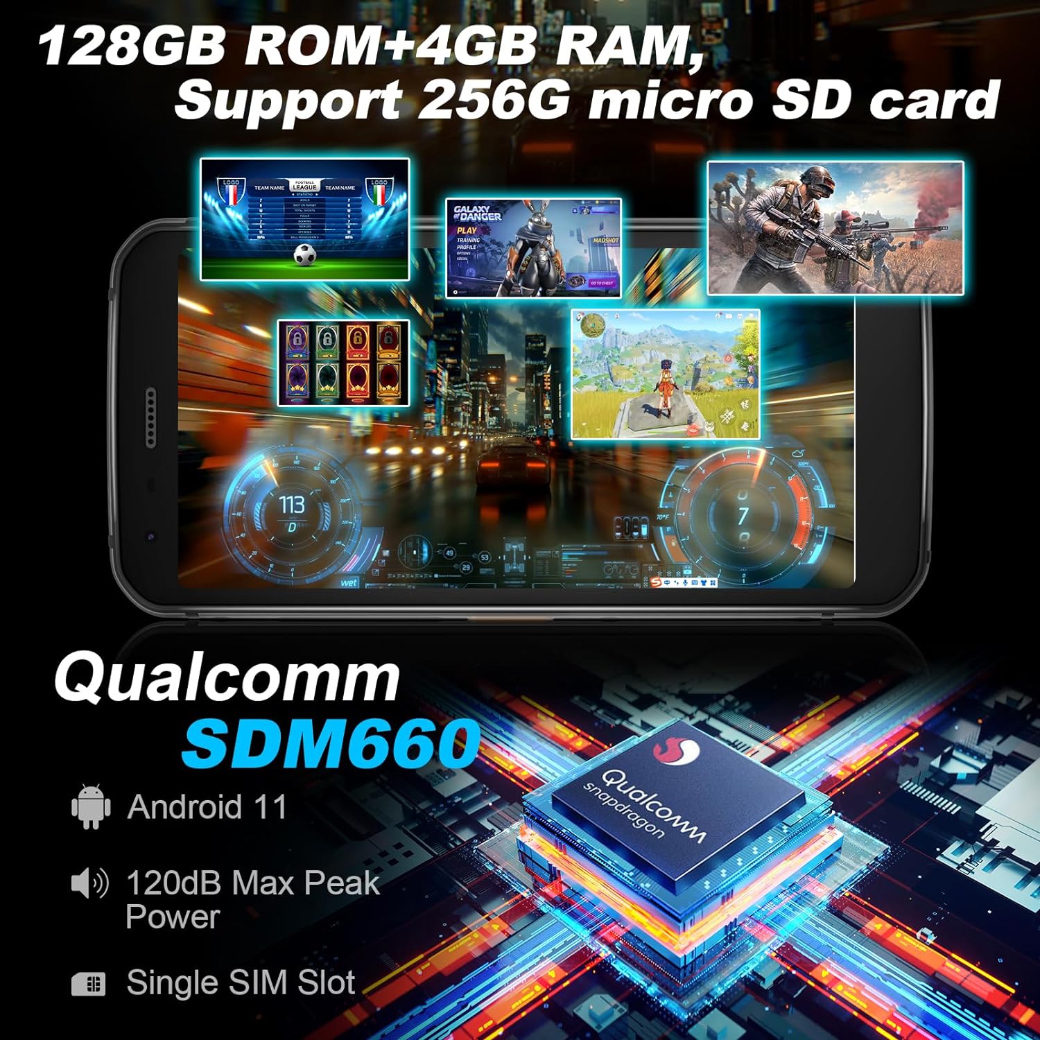 Unifone S62 Unlocked Rugged Cell Phone (128GB, 4GB) 5.7" IP68 Waterproof Android Smartphone, 12MP Dual Camera, All Day Battery, NFC