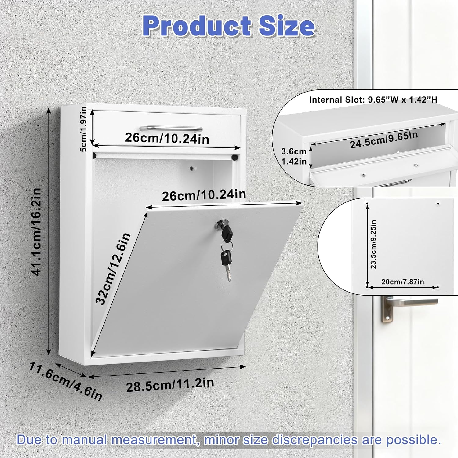 KYODOLED Steel Key Lock Mail Boxes Outdoor, Locking Wall Mount Mailbox, Security Lock Drop Box, Collection Boxes for Home, Office or Commercial,16.2H x 11.2L x 4.6W Inches, Black X Large