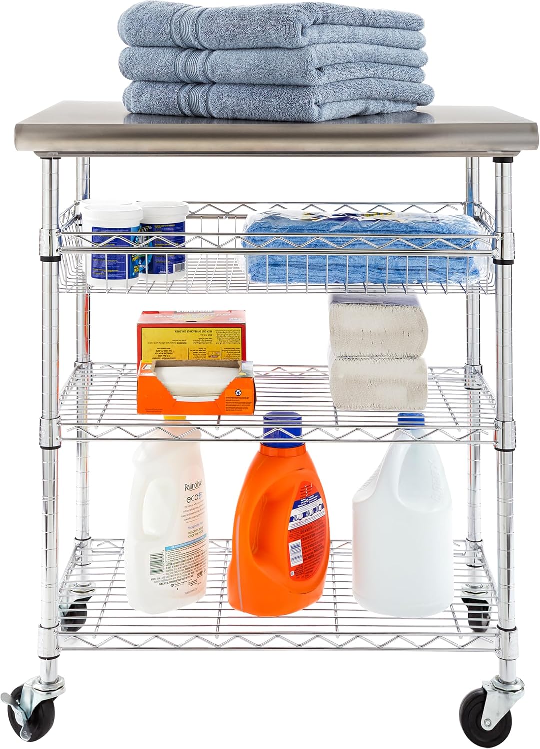 Stainless-Steel Commercial-Grade NSF-Certified Prep Table Cart, 24"W x 20"D | Heavy-duty durable utility workstation supports up to 450 lb w/ adjustable wire shelf and sliding basket on locking wheels