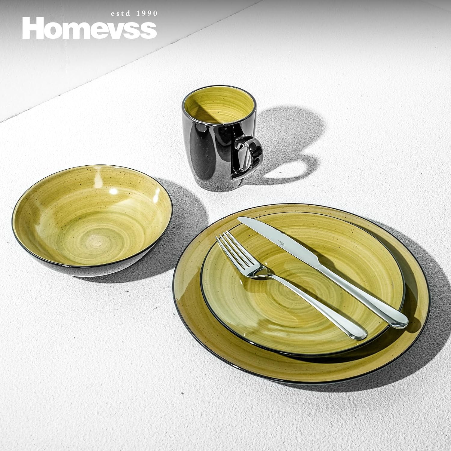 HomeVss, Sonoma Stoneware Dinnerware Set, Outside Black + Inside Hand Painting Color (16pc Set, Grey)