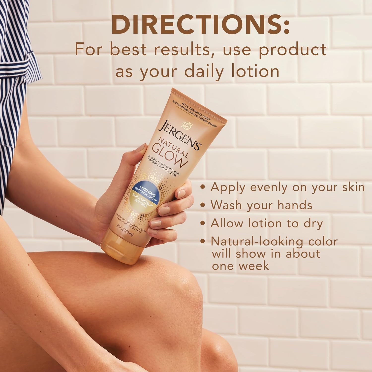 Jergens Natural Glow +Firming Self Tanner Body Lotion, Fair to Medium Skin Tone, Sunless Tanning Moisturizer with Collagen and Elastin. Helps to Visibly Reduce Cellulite, 7.5 Fl Oz | Sunless Tanning Moisturizer, Collagen and Elastin Formula, Reduces Cell…