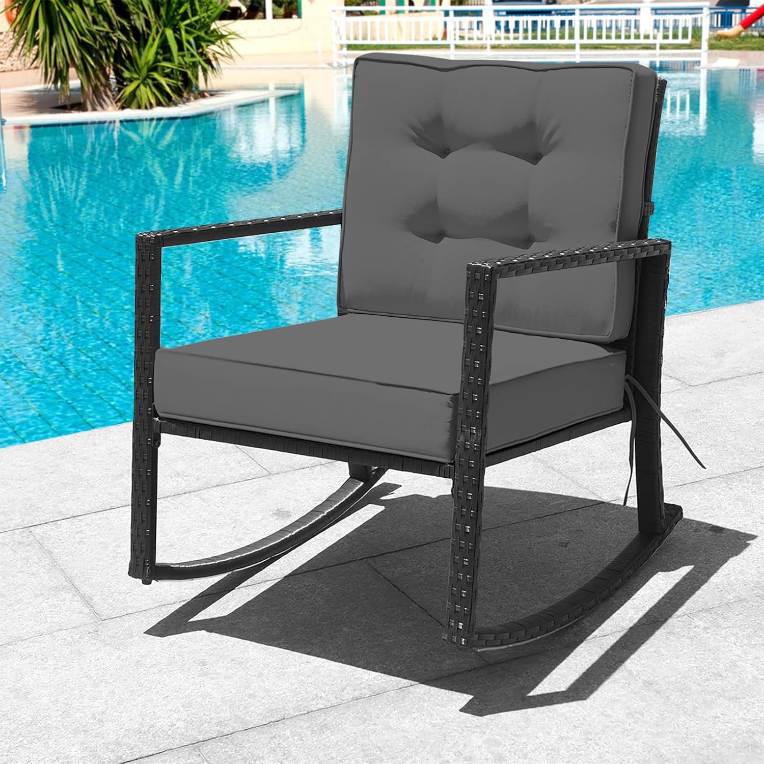 Tangkula Wicker Rocking Chair, Outdoor Glider Rattan Rocker Chair with Heavy-Duty Steel Frame