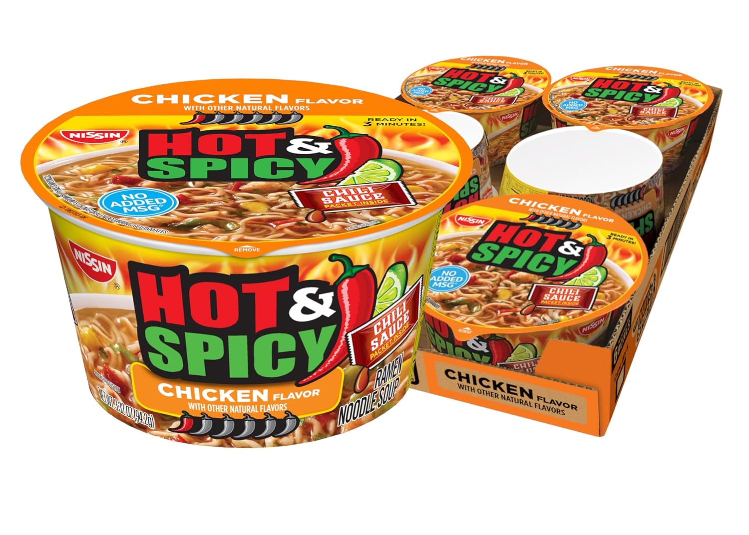 Nissin Hot & Spicy Ramen Noodle Soup, Chicken, 3.32 Ounce (Pack of 6) | Bold and spicy flavor for a kick of heat in every bite