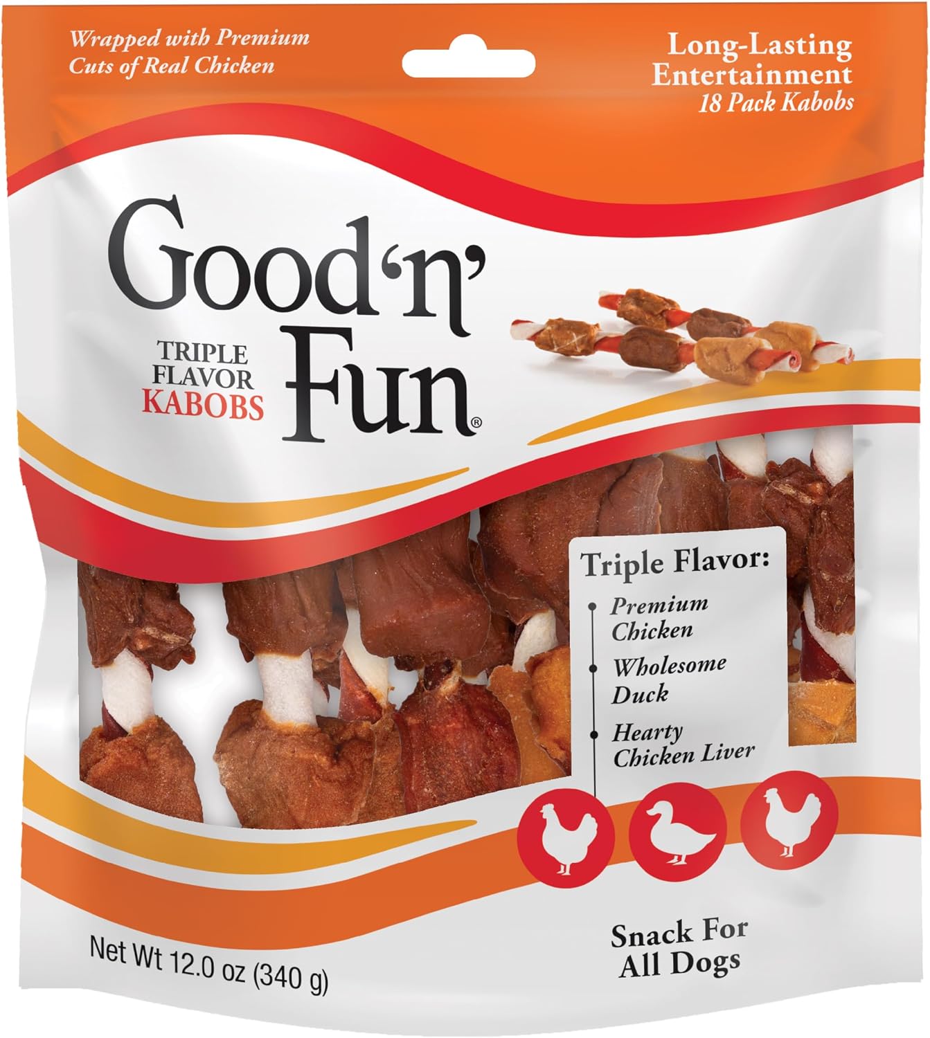 Good 'n' Fun Kabobs Long-Lasting Dog Treat Made With Real Protein, 18 Count | Premium Chicken, Pork and Beef Hide Chew, Supports Dental Health and Mental Stimulation, For Adult Dogs