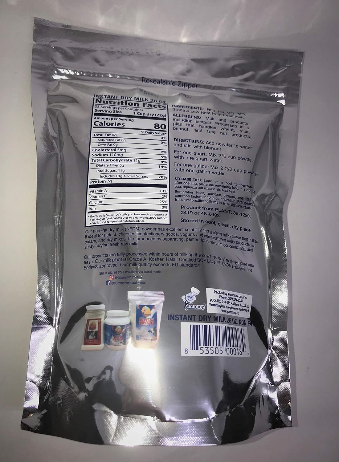 Yummmy Instant Nonfat 26 oz Powdered Dry Milk - Leche en Polvo, 26 oz, Grade A, Kosher Halal Certified, Product of USA