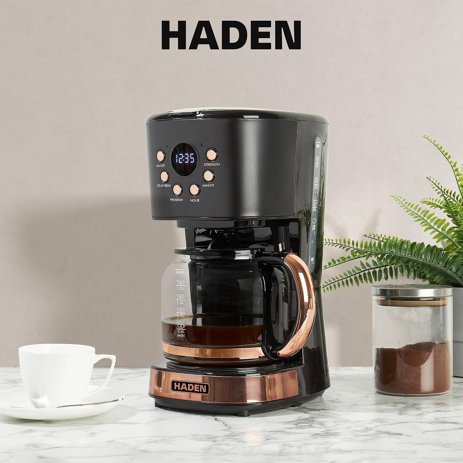 HADEN 12-Cup Programmable Coffee Maker for Home or Office, Putty & Chrome – Drip Brewer Machine with Brew Strength, Delay Brewing