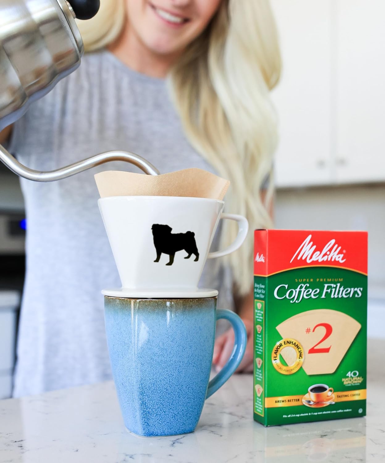 Simply Charmed Ceramic Pour Over Coffee Maker with 40 Count Melitta Filters - Elegant Single Serve Coffee Dripper for Rich Brewed Pour Over Coffee - Base Measures 4", Height 3" - Brews 8-16 oz