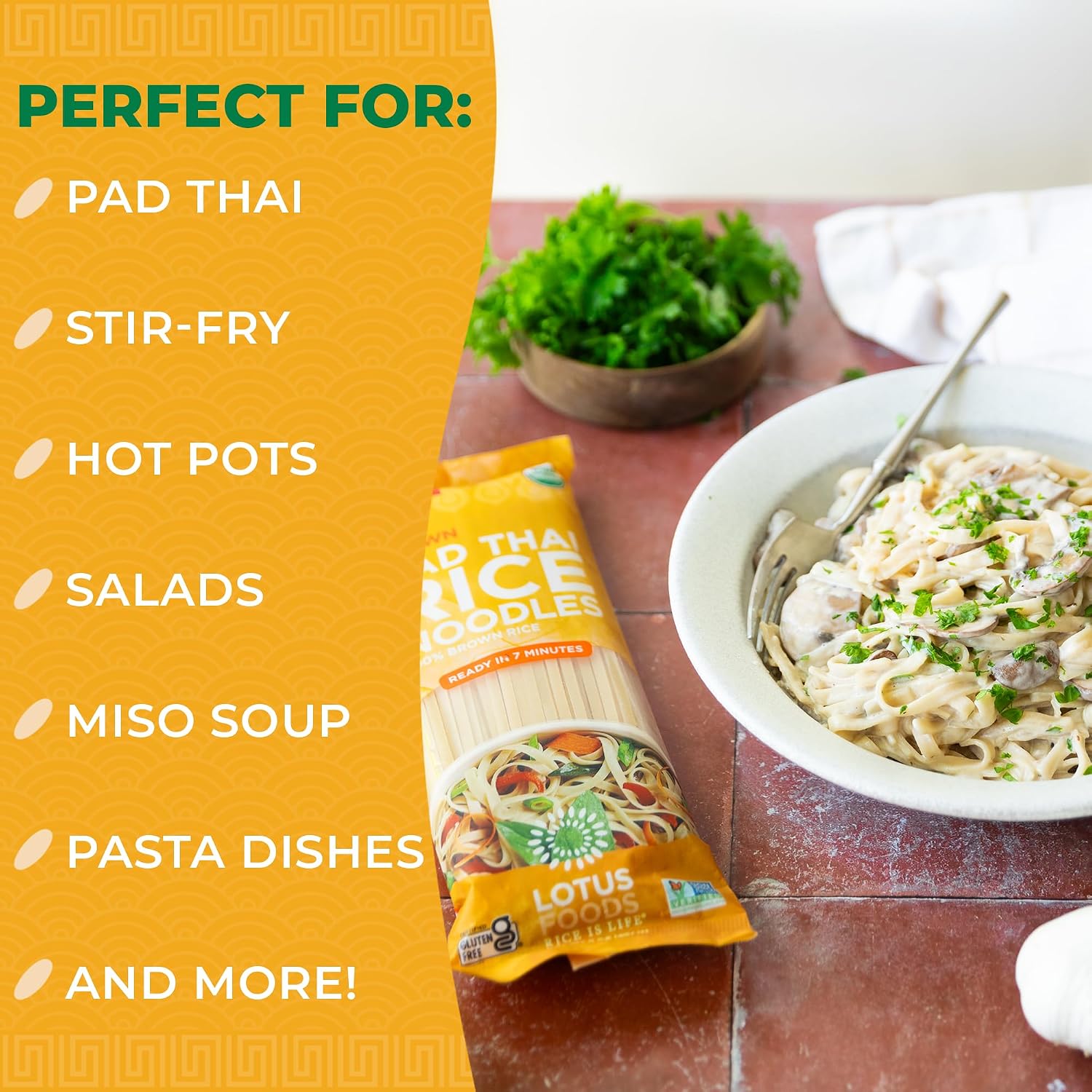 Lotus Foods Organic Brown Rice Pad Thai Noodles, Vegan - 8 Oz (Pack of 1) | Asian Style Noodles for Stir Fry, Gluten Free, Whole Grain, Non GMO