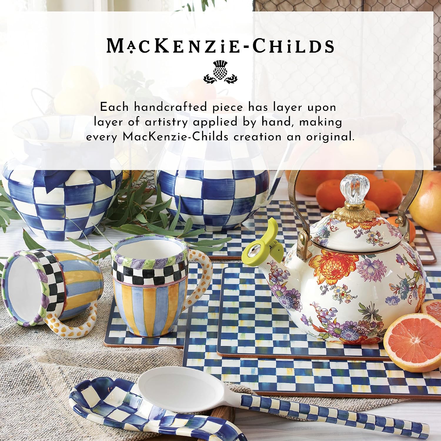 MACKENZIE-CHILDS Cotton Dish Towel, Hydrangea Tea Kettle