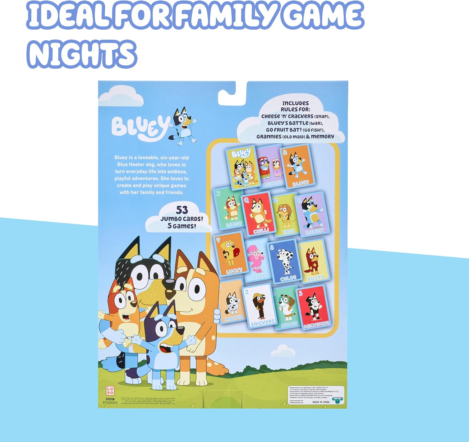 Moose 5-in-1 Bluey Card Game Set, Jumbo-Sized 53-Deck Toddler Game, Multi-Color Interactive Play Card Games for Kids of Ages 3+