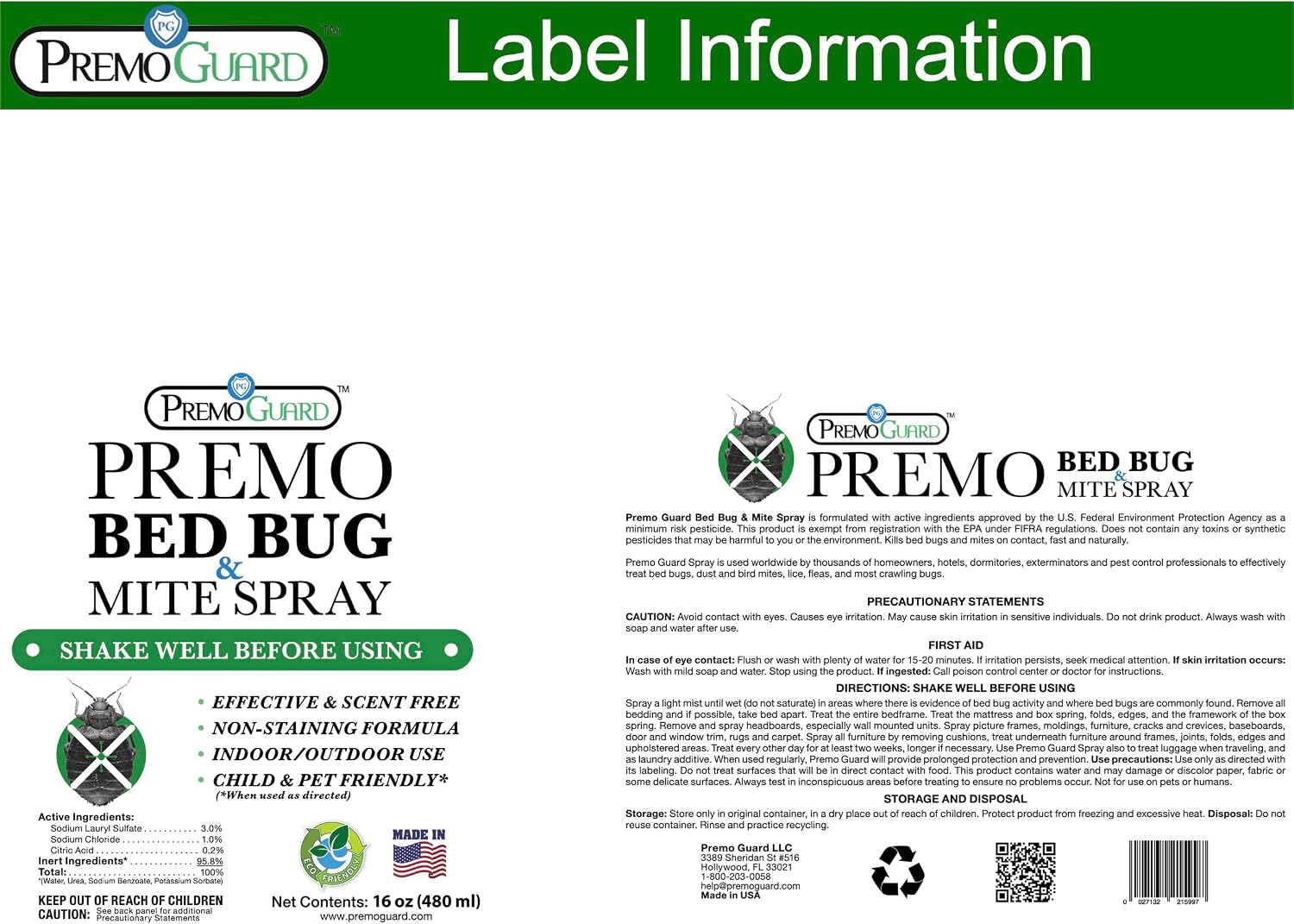 Premo Guard Bed Bug & Mite Killer Spray – University Tested 100% Kill Rate | Natural, Safe for Bedding, Furniture, Fabrics, and Clothing, Non Toxic, Stain & Scent Free, Child & Pet Safe