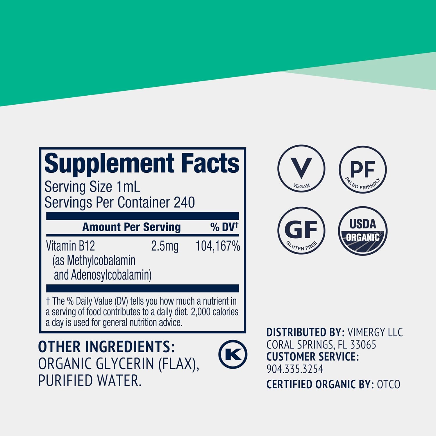 Vimergy Liquid Vitamin B12 Brain Function, 2500 mcg, Organic, 30 Servings | Brain Body Nourish*, Supports Oxygen and energy to the Brain*, Methylcobalamin & Adenosylcobalamin, Vegan, Non-GMO