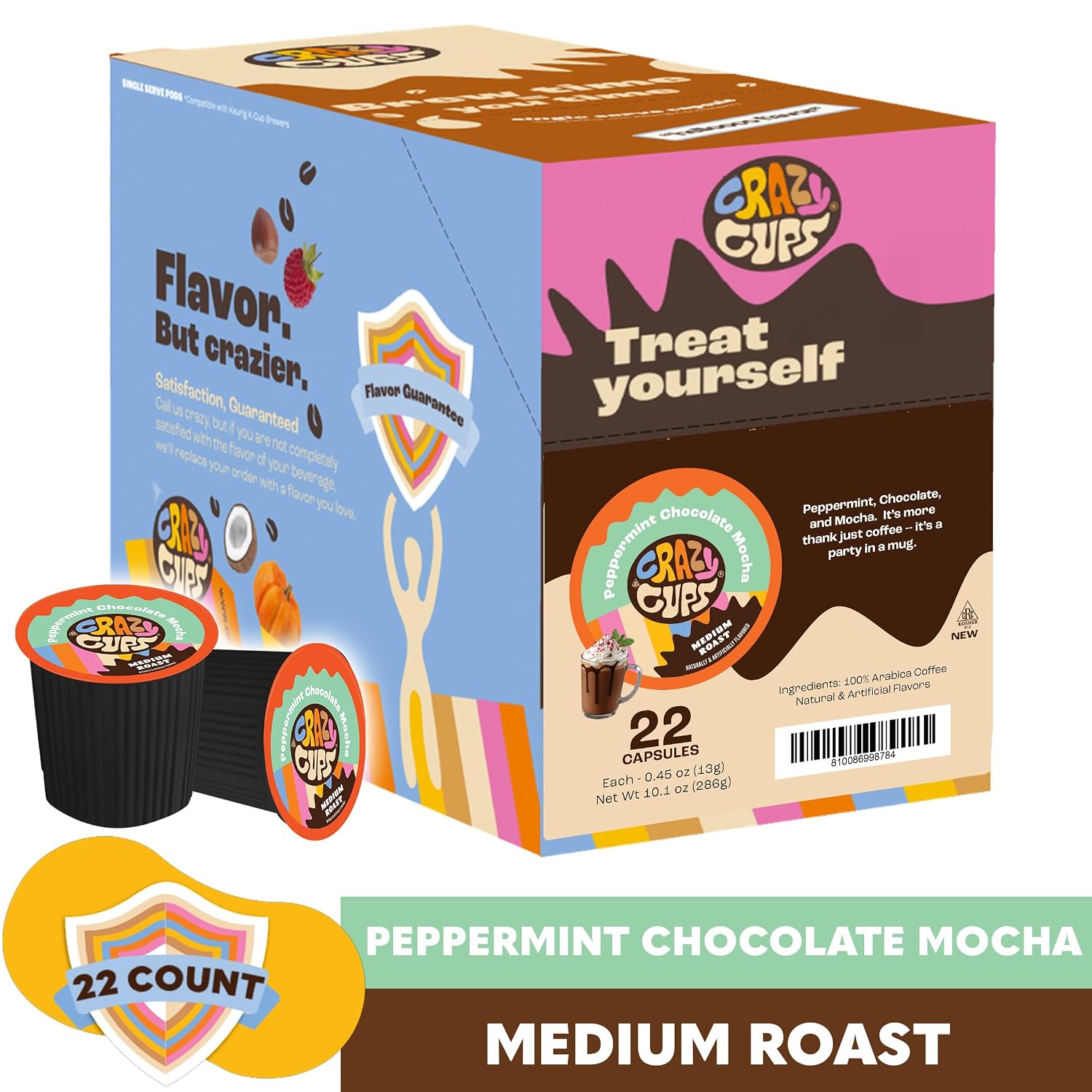 Crazy Cups Flavored Coffee for Keurig K-Cup Machines, Peppermint Chocolate Mocha, Hot or Iced Drinks, 22 Single Serve, Recyclable Pods
