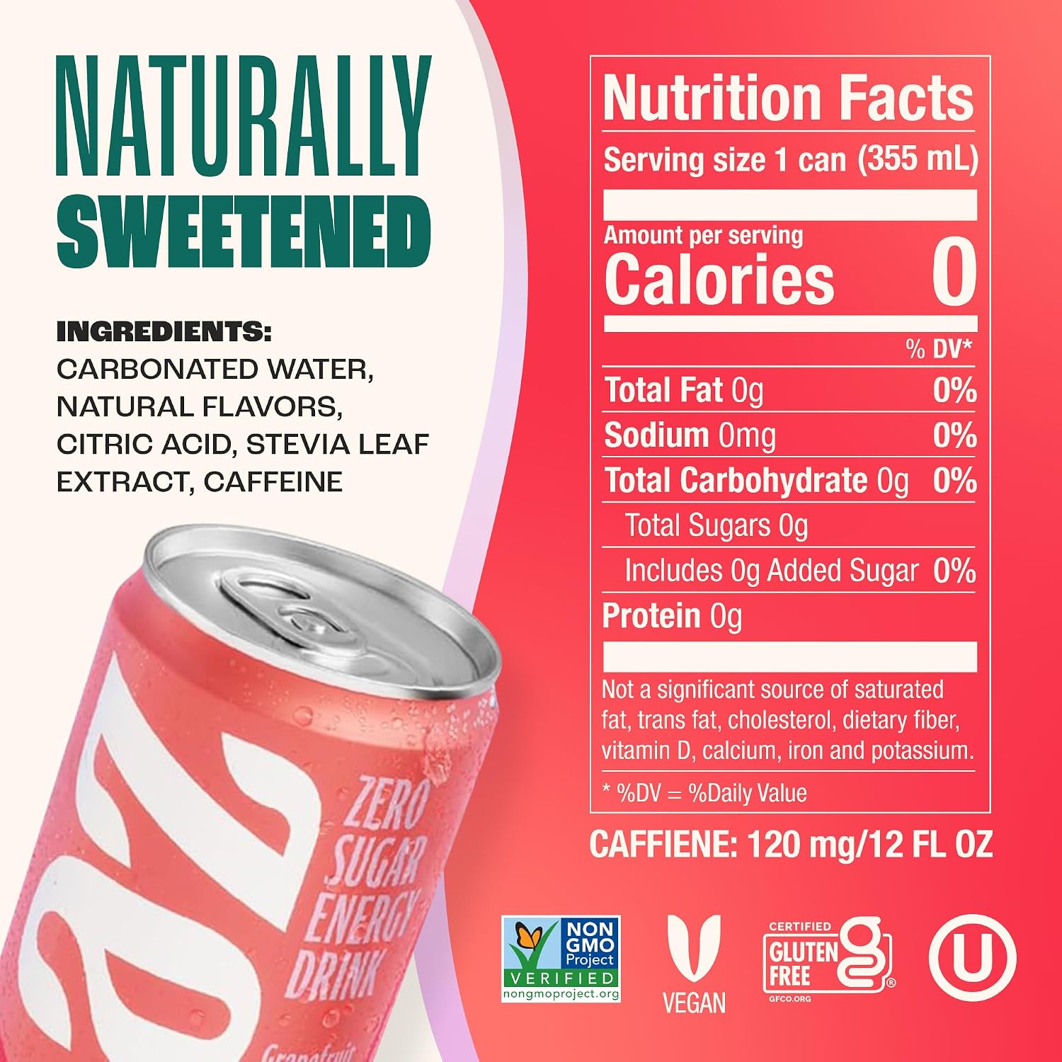 Zevia Zero Sugar Energy Drink, Raspberry Lime, 12 oz Cans (12-Pack) – Naturally Sweetened, Zero Calorie Sugar Free Energy - Non-GMO Project Verified, Gluten-Free, Vegan