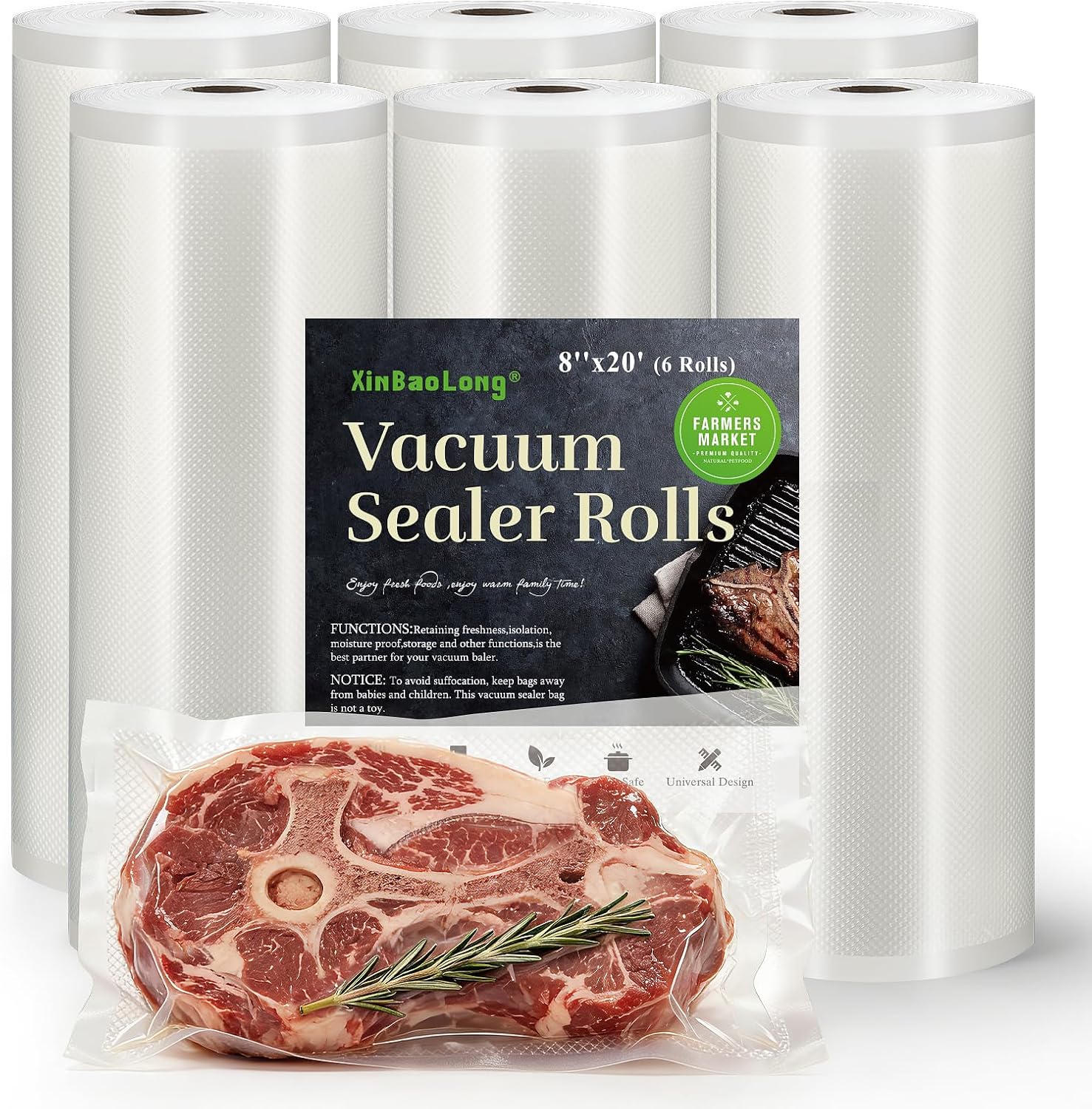 Kitchen Essentials, Vacuum Sealer Bags Rolls, 8in x 20ft, 2 Pack
