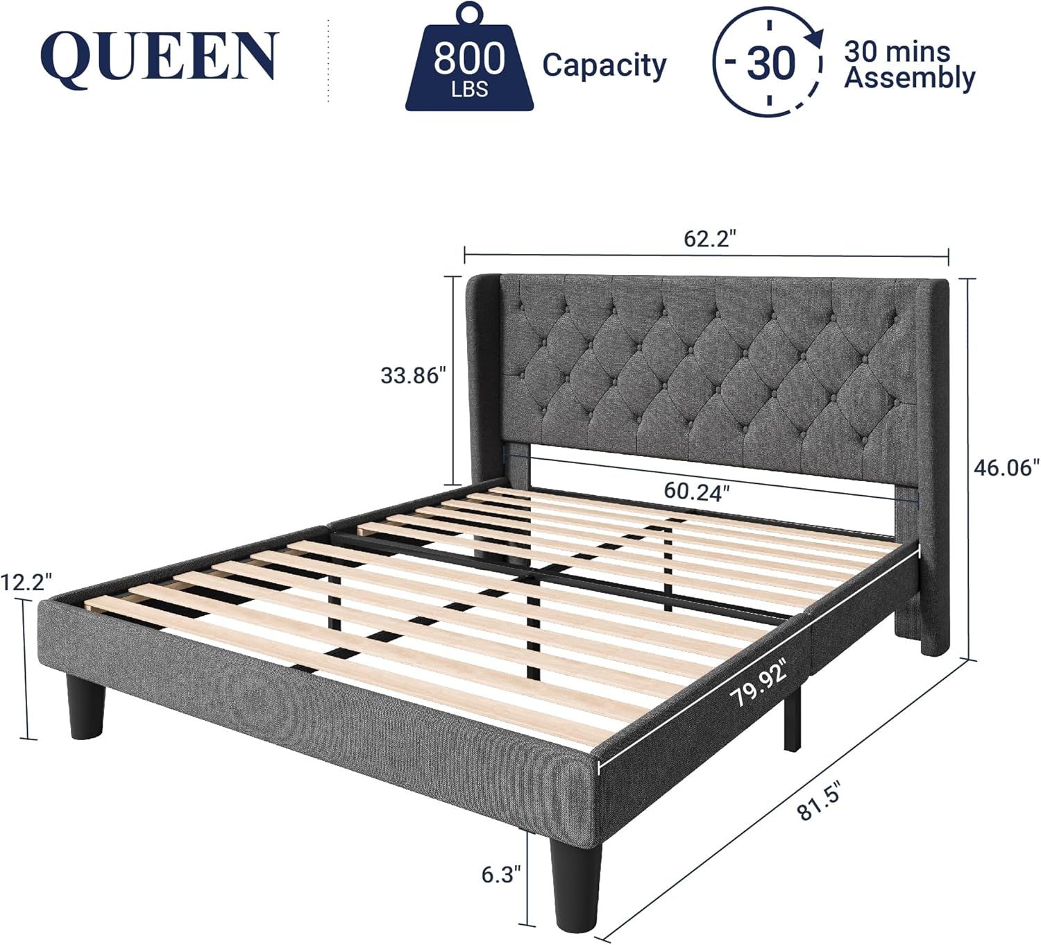 Allewie Queen Bed Frame with Button Tufted Wingback Headboard, Dark Grey | Modern Upholstered Platform Bed Frame, Strong Wood Slat Support