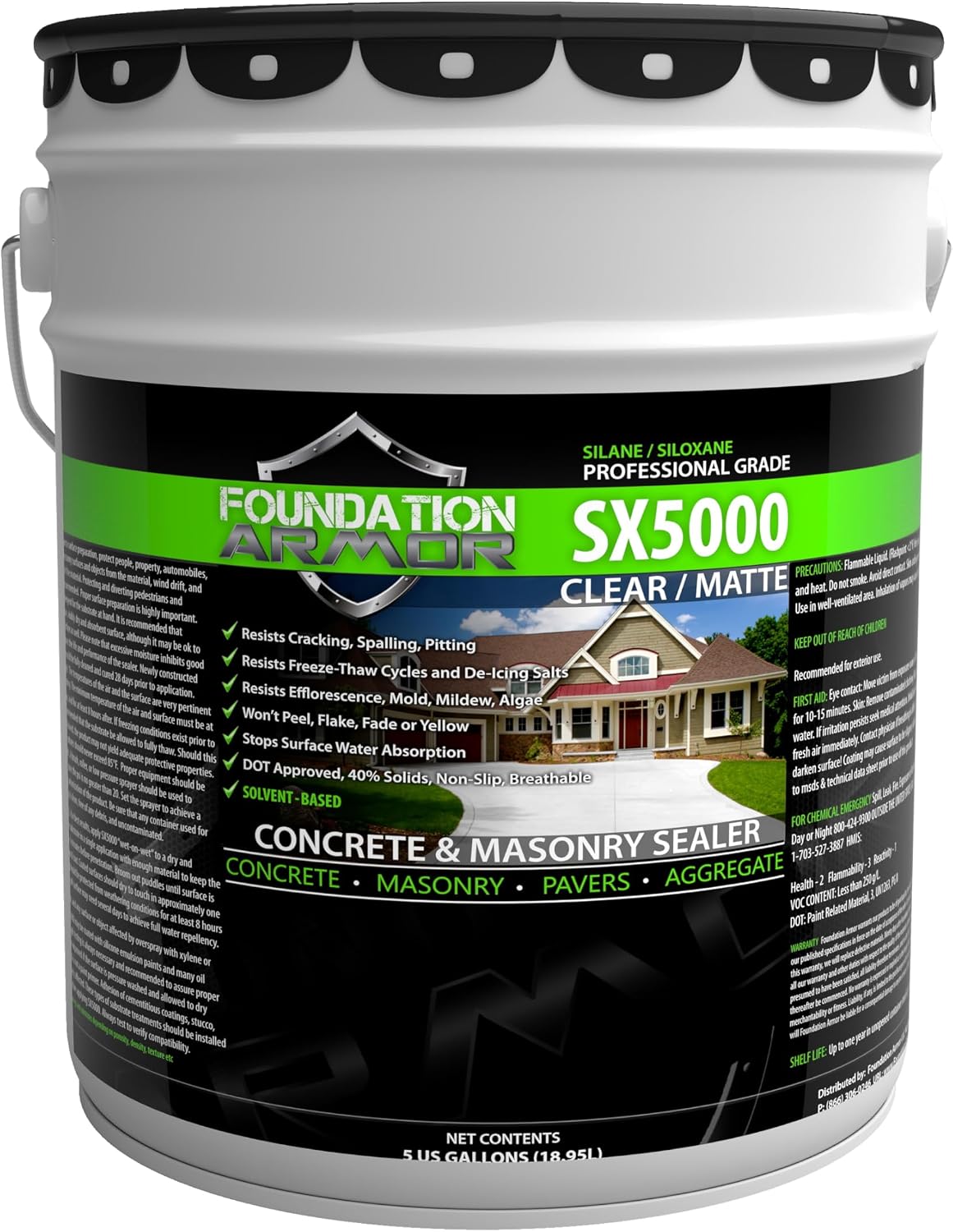 Armor SX5000 Solvent-Based Silane-Siloxane Sealer for Concrete, Brick, Pavers, Stone - Matte Concrete Sealer - 5 Gallon