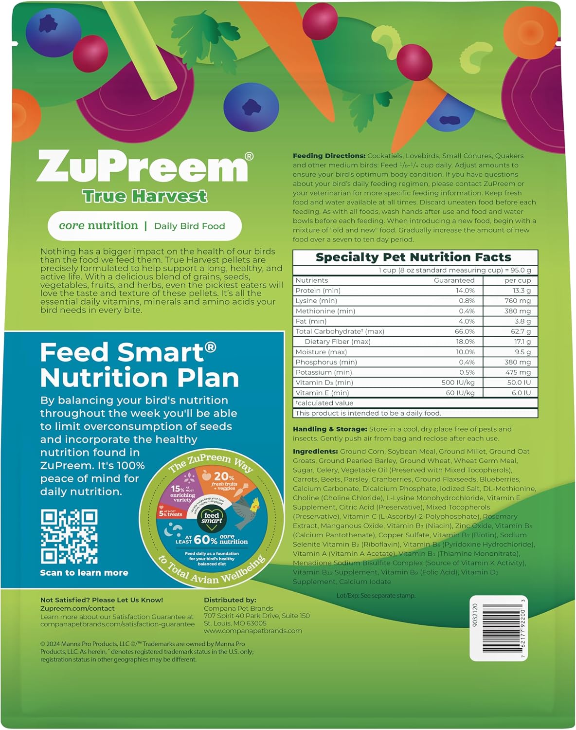 ZuPreem FruitBlend Cockatiel & Conure Food, Uniform Bird Food, M, 2 lb | Bird Food Pellets, Real Fruit, Blend, Cockatiel Food, Conures, Lovebirds, Love Bird Pellets, Quaker, Parrot, Medium Birds