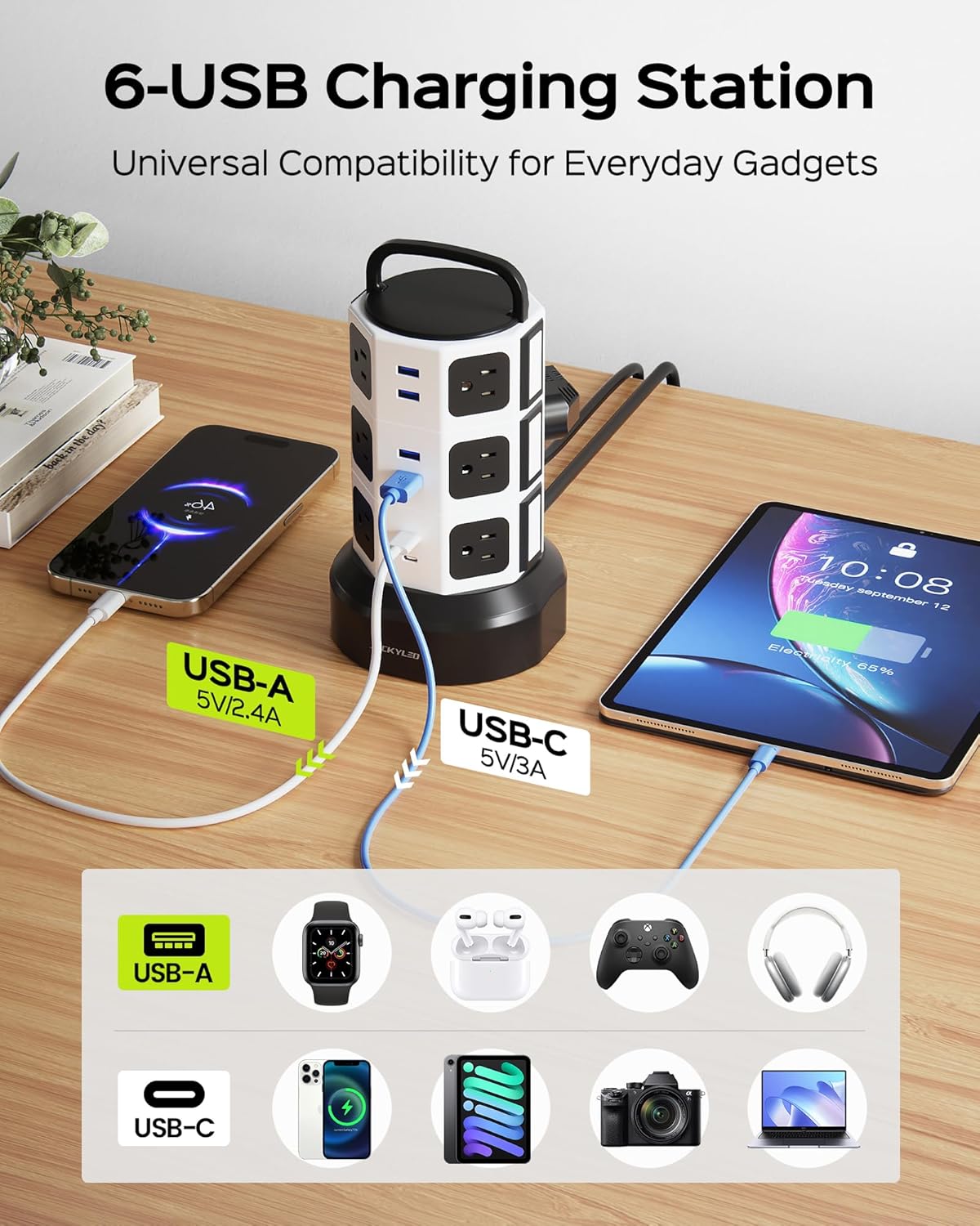 JACKYLED Power Strip Tower Surge Protector, 12 AC 6 USB (2 USB C), 1050J