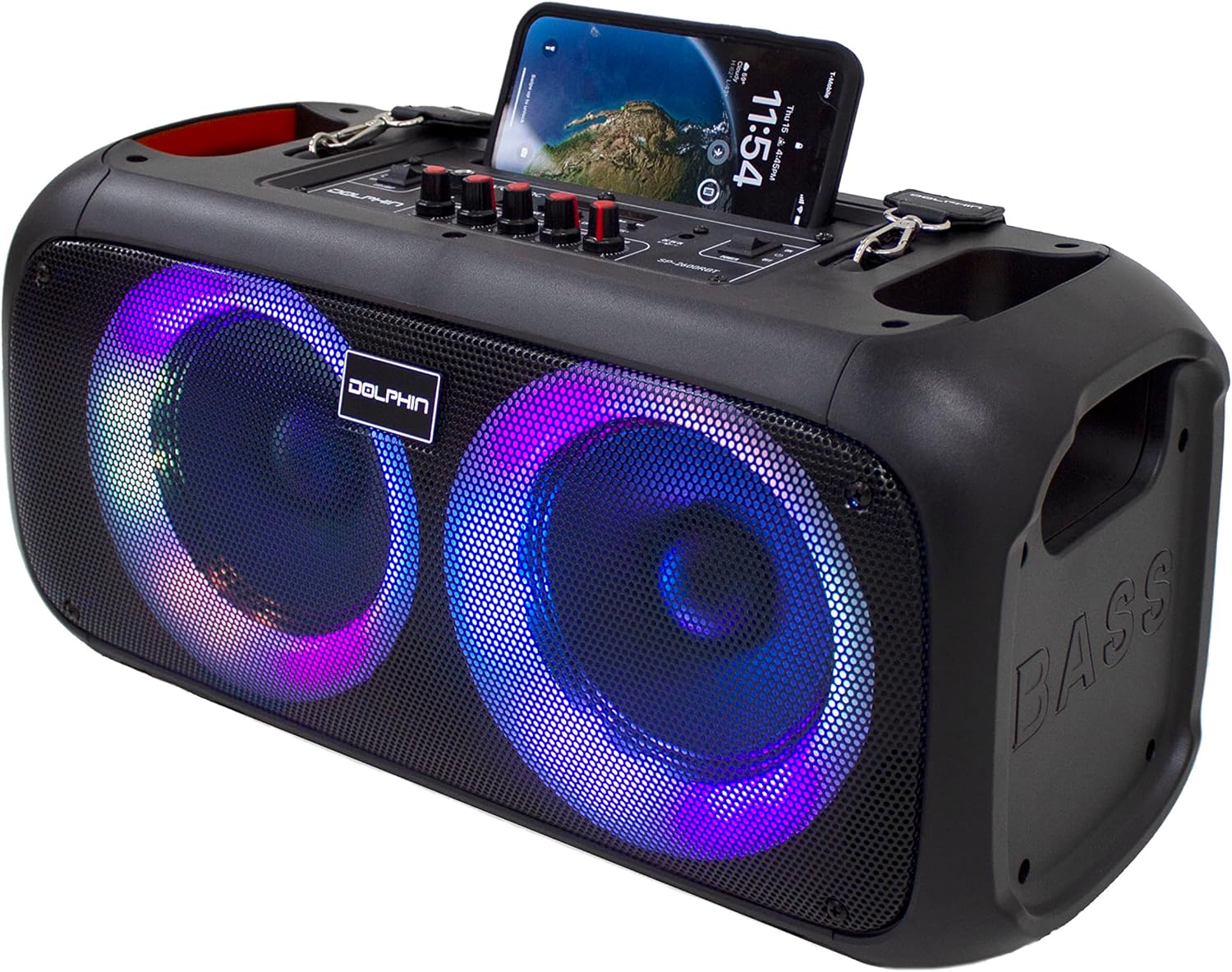 Dolphin Boombox Bluetooth Party Speaker with Wired Mic, Dual 6.5" Woofers | 1" Tweeter, WaveSync Pairing, LED Lights, USB/microSD/FM/AUX