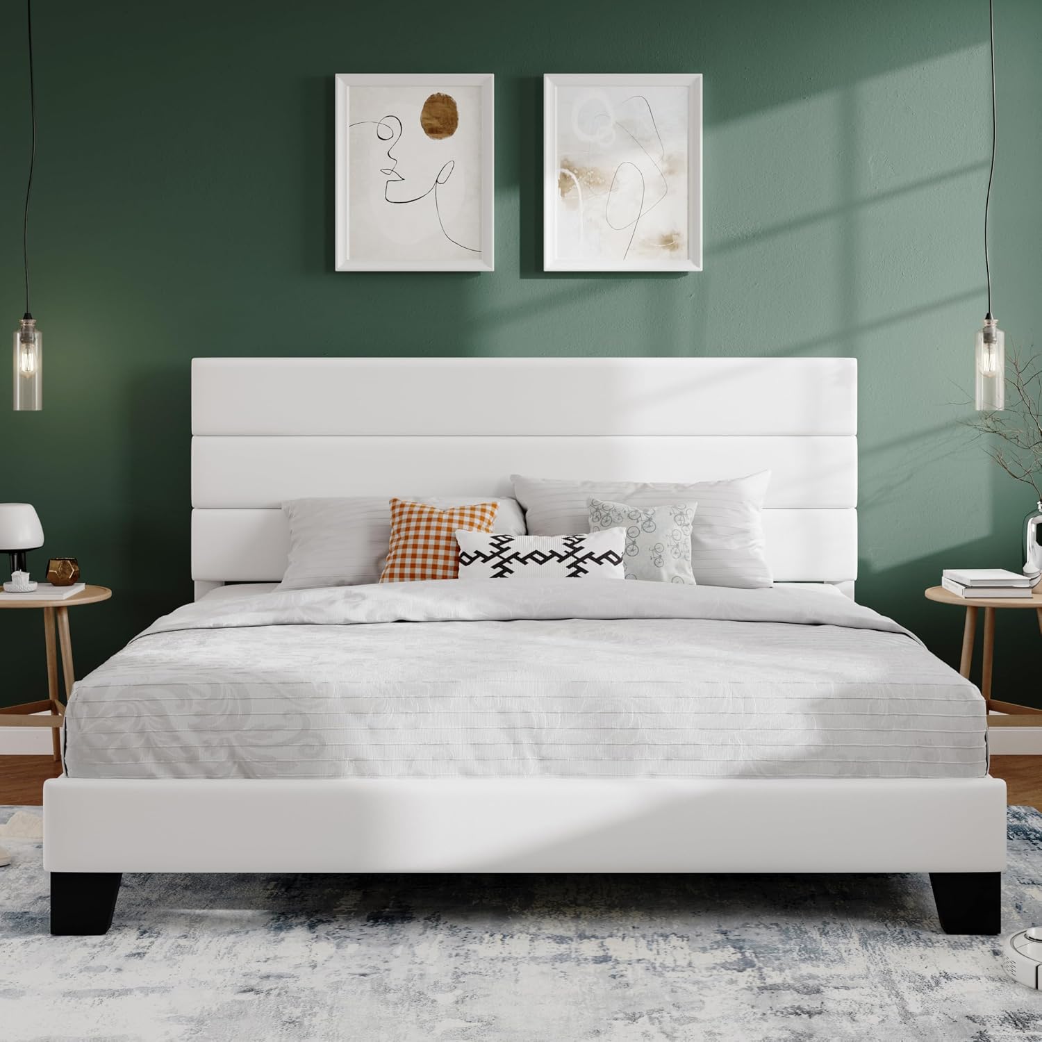SHA CERLIN Full Platform Bed Frame with Upholstered Fabric Headboard, Grey