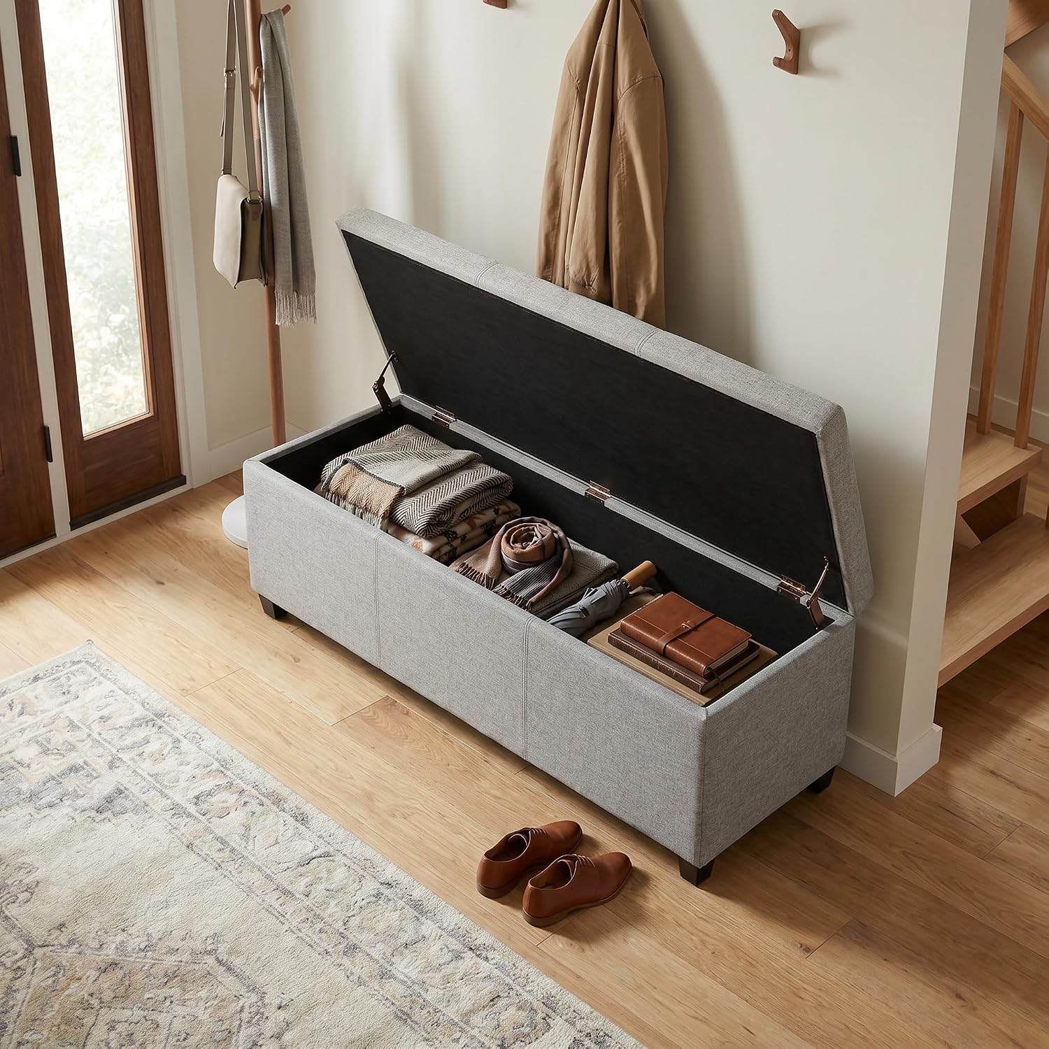 SIMPLIHOME Avalon 48" Wide Vegan Leather Storage Ottoman in Brown