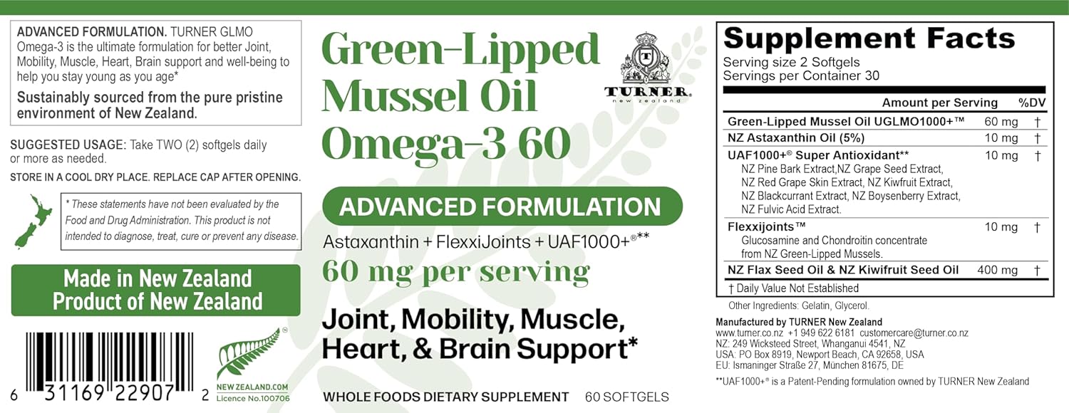 TURNER Omega-3 New Zealand Green Lipped Mussel Oil, 53x Higher Potency with UAF1000+ Super Antioxidant for Superior Joint Comfort & Mobility