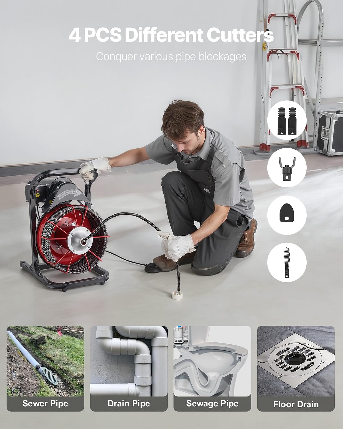 VEVOR Drain Cleaner Machine 75 FT x 3/8 Inch, Sewer Snake Auger Manual Feed with 4 Cutters & Air-activated Foot Switch for 2" to 4" Pipes