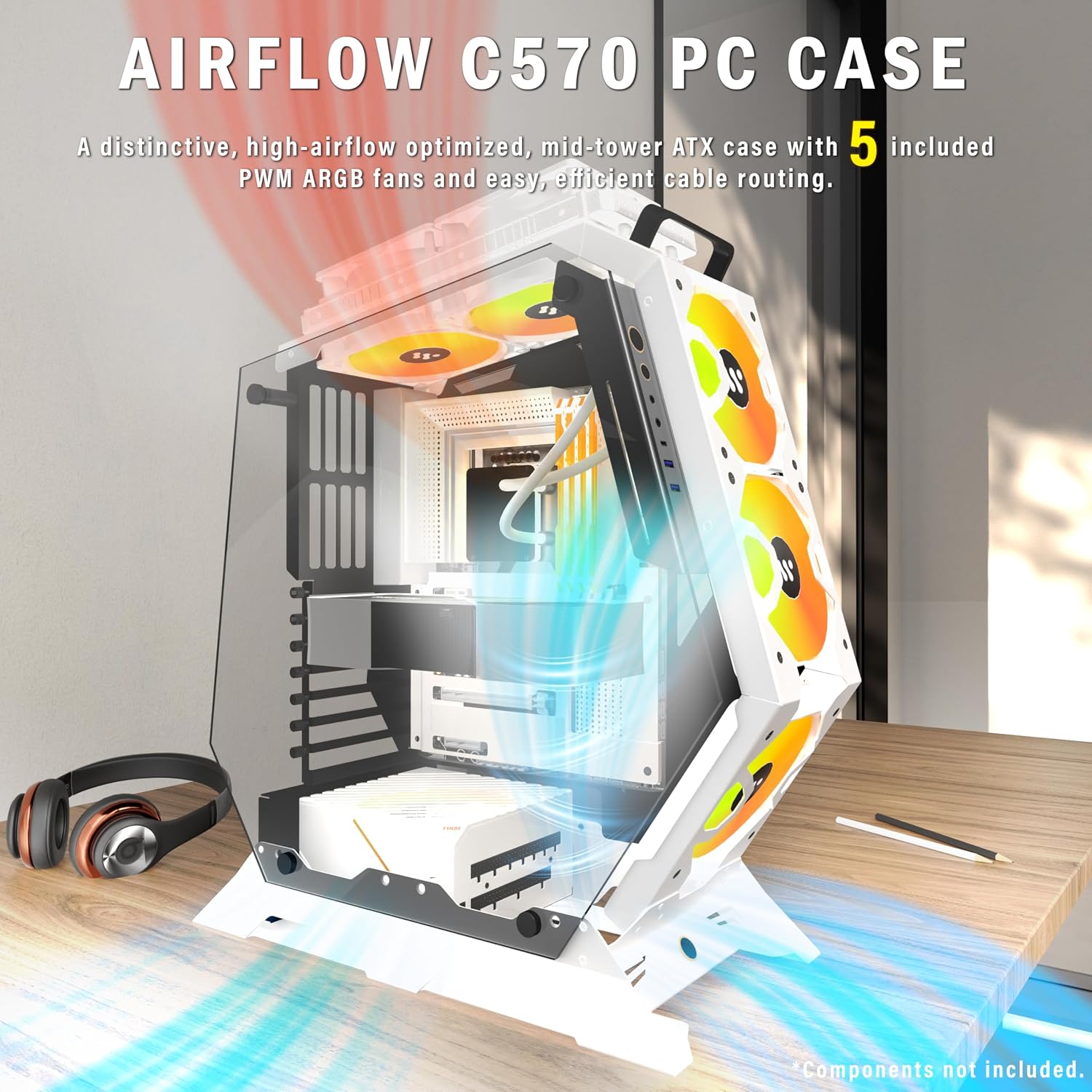 KEDIERS PC Case C570 ATX Mid Tower Tempered Glass Gaming Computer Open Frame Case with 5 PWM ARGB Fans,White
