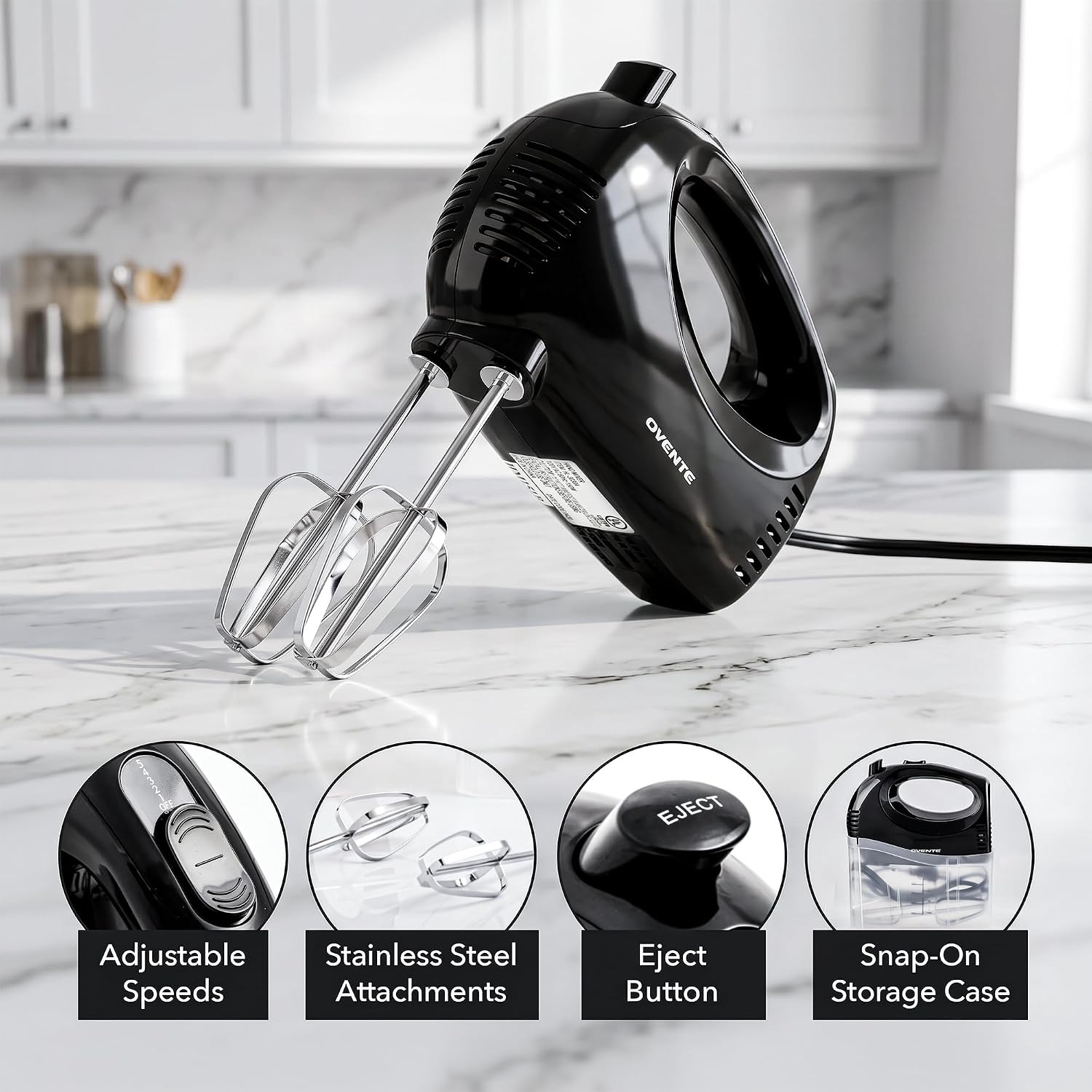 OVENTE 5-Speed Electric Hand Mixer with Storage Case,150W, White HM151W | Stainless Steel Whisks, Compact Portable Design, Lightweight Handheld Mixer for Baking & Cooking