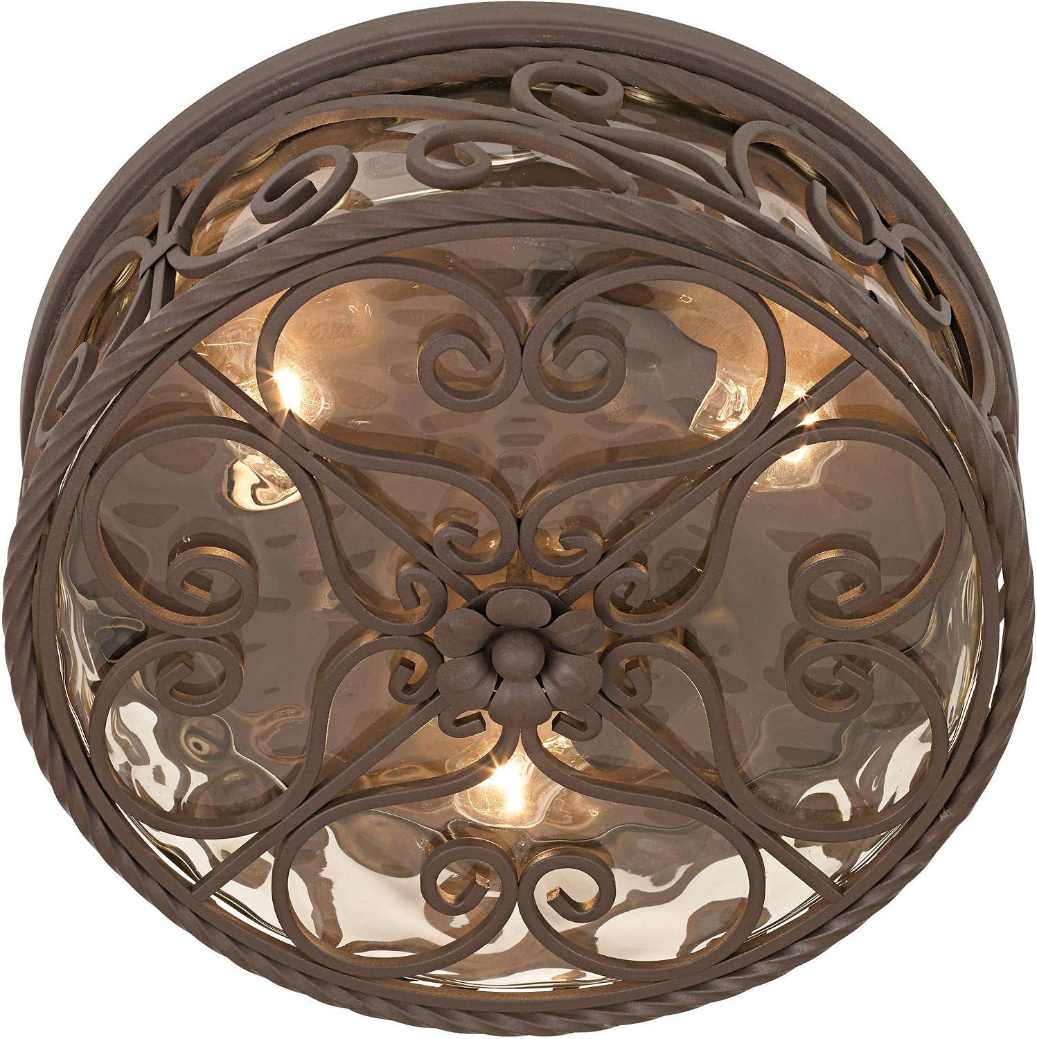 Casa Seville 12" Walnut Rustic Indoor-Outdoor Ceiling Light Fixture | Flush-Mount Dark Scroll Water Glass Damp Rated for Exterior House Porch Patio Outside Deck Garage Front Door Home